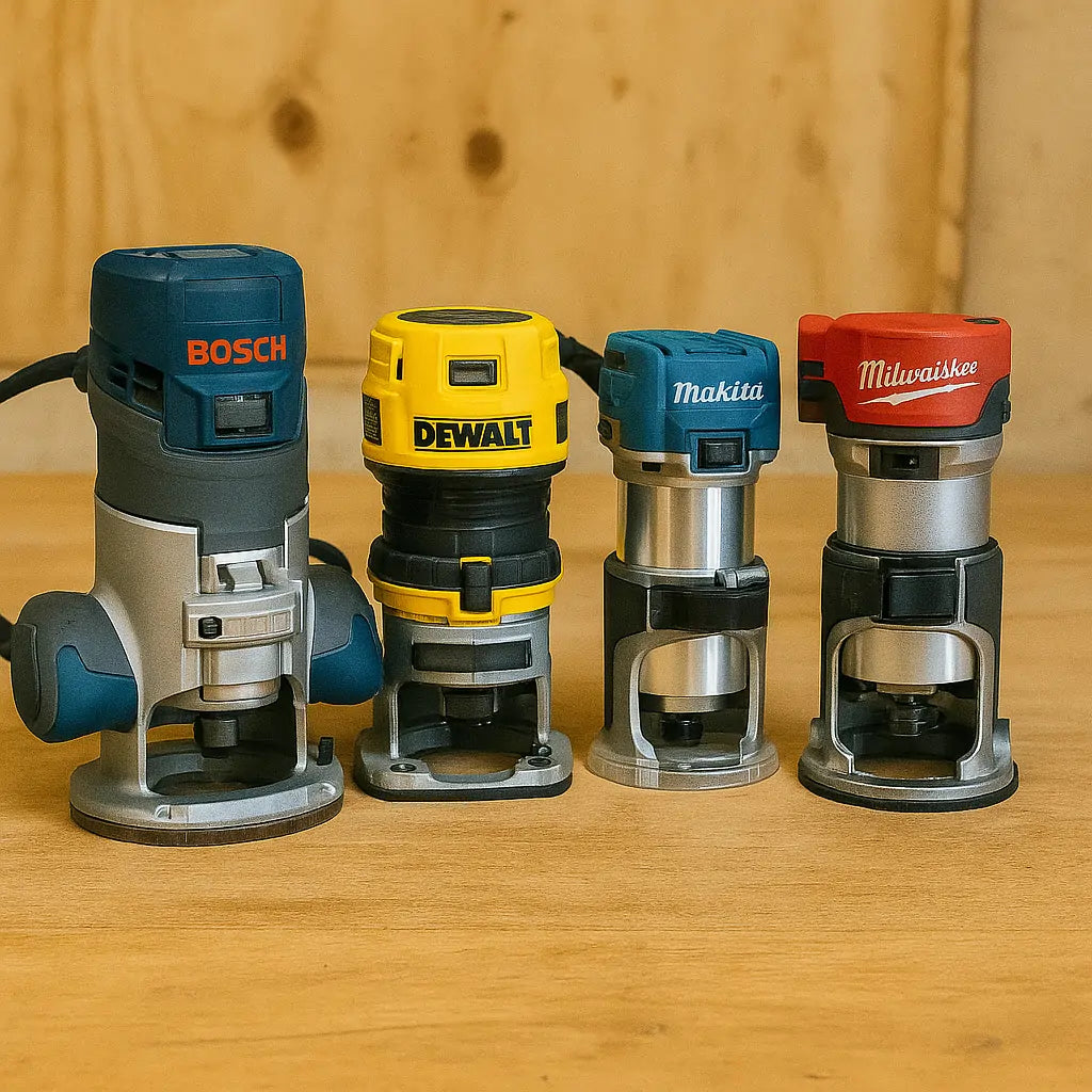 Four woodworking routers from Bosch, DeWALT, Makita, and Milwaukee displayed side by side on a wooden workbench