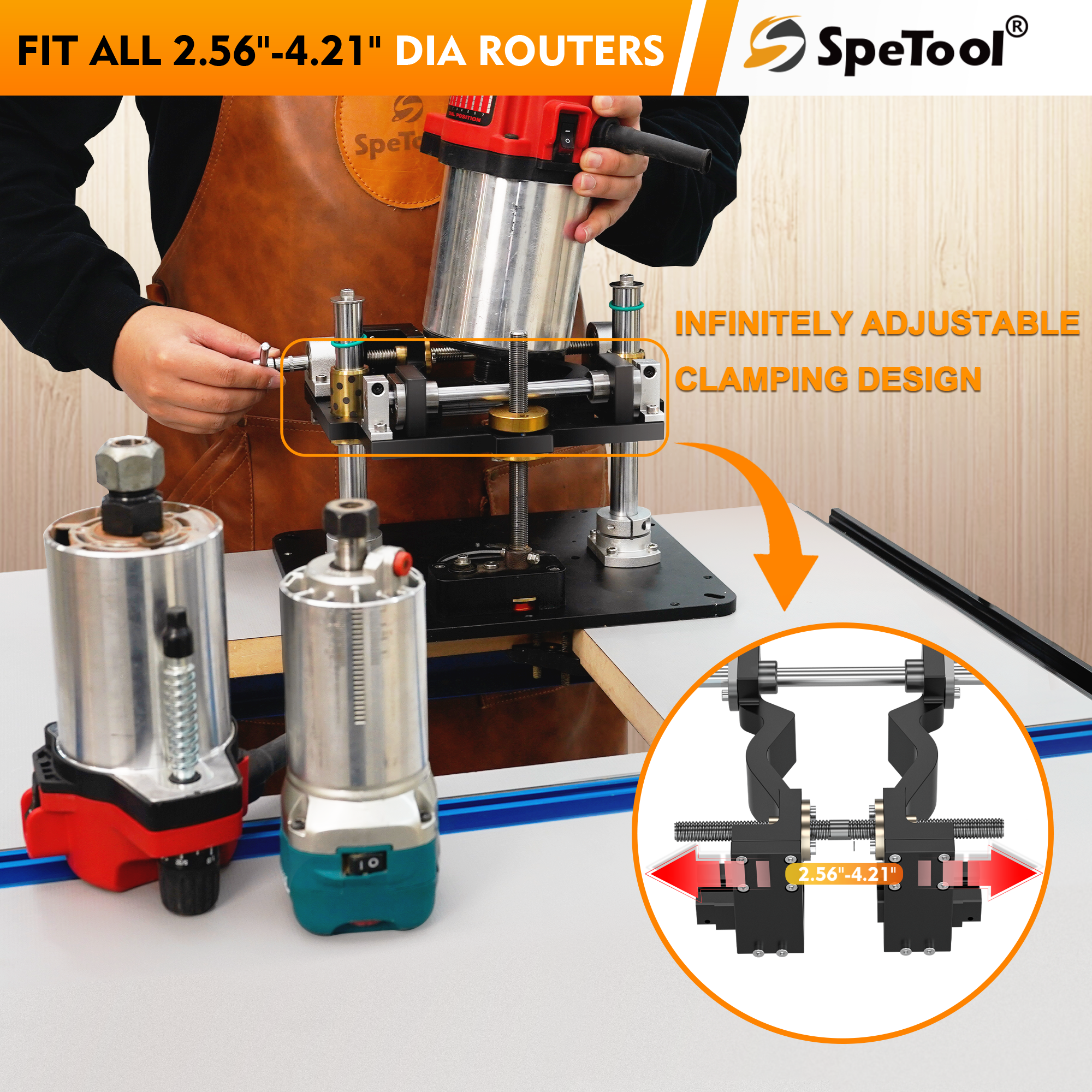 SpeTool EU P01002 Router Lift for 65–107 mm (2.56”–4.21”) Routers | Precision All-Aluminum Router Lift System / DIY Template & 3 Magnetic Insert Rings | 235 × 298 mm (9-1/4" × 11-3/4") Router Table Insert Plate