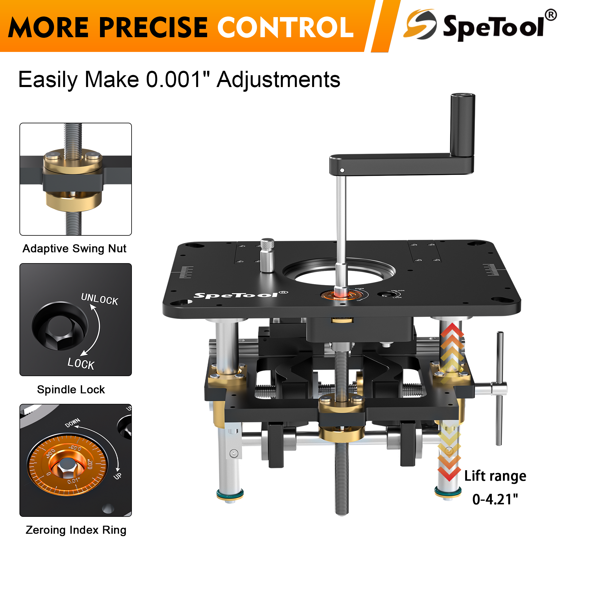 SpeTool EU P01002 Router Lift for 65–107 mm (2.56”–4.21”) Routers | Precision All-Aluminum Router Lift System / DIY Template & 3 Magnetic Insert Rings | 235 × 298 mm (9-1/4" × 11-3/4") Router Table Insert Plate