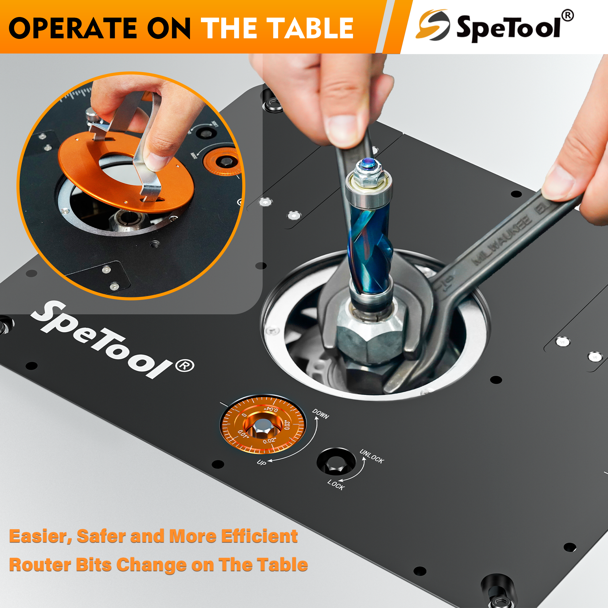 SpeTool EU P01002 Router Lift for 65–107 mm (2.56”–4.21”) Routers | Precision All-Aluminum Router Lift System / DIY Template & 3 Magnetic Insert Rings | 235 × 298 mm (9-1/4" × 11-3/4") Router Table Insert Plate