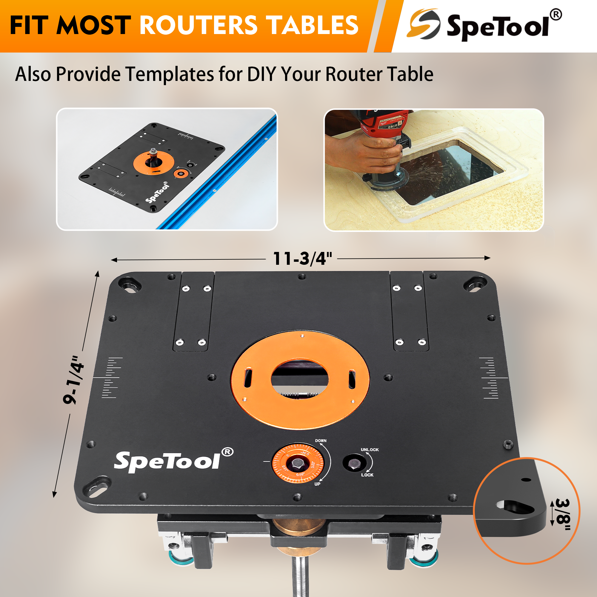 SpeTool P01002 Router Lift for 2.56”–4.21” Diameter Routers | Precision All-Aluminum Router Lift System / DIY Template & 3 Magnetic Insert Rings | 9-1/4" x 11-3/4" Router Table Insert Plate
