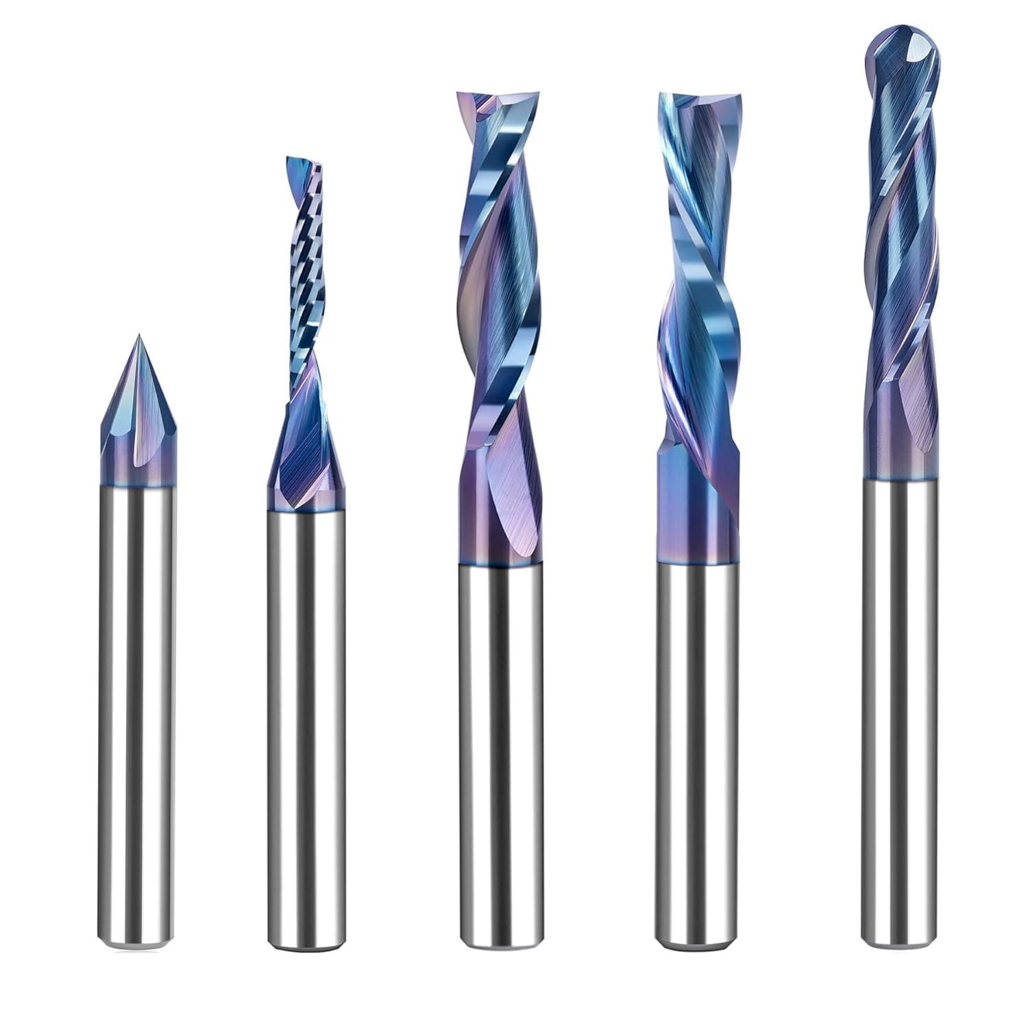 SpeTool WD-9 CNC Router Bits Set, 1/4 Inch Shank, 5 Piece Carbide TAC Coated, Woodworking Engraving Tools