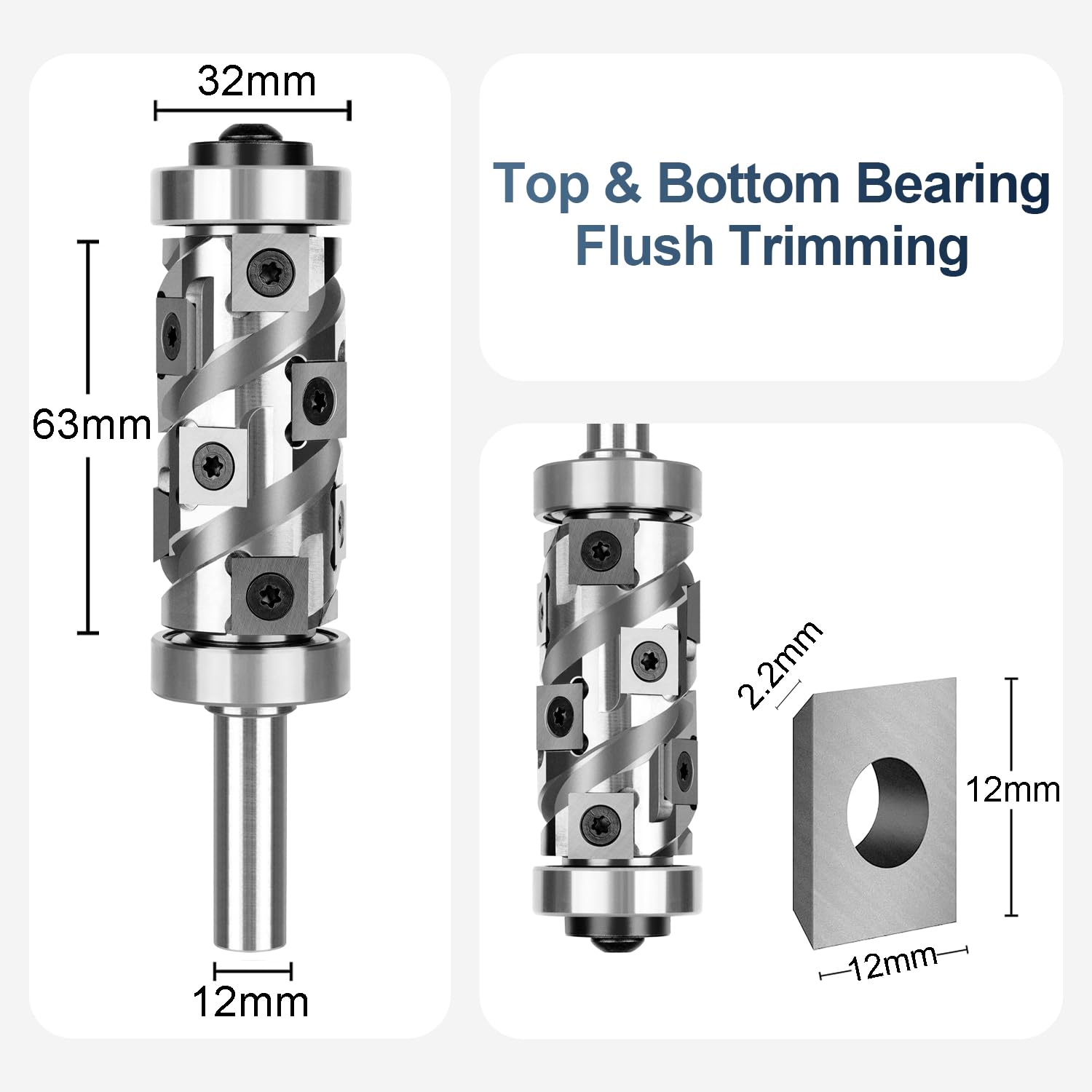 SpeTool EU W07509 Ranger Series Carbide Insert Flush Trim with Top and Bottom Double Bearings 32mm Dia x 12mm Shank x 63mm Cutting Length Pattern Template Router Bit