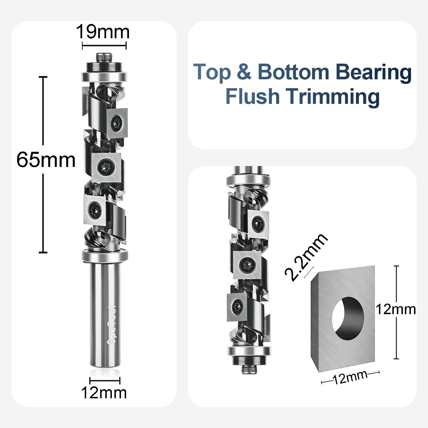 SpeTool EU W07508 Ranger Series Carbide Insert Flush Trim with Top and Bottom Double Bearings 19MM Dia x 12MM Shank x 65MM Cutting Length Pattern Template Router Bit