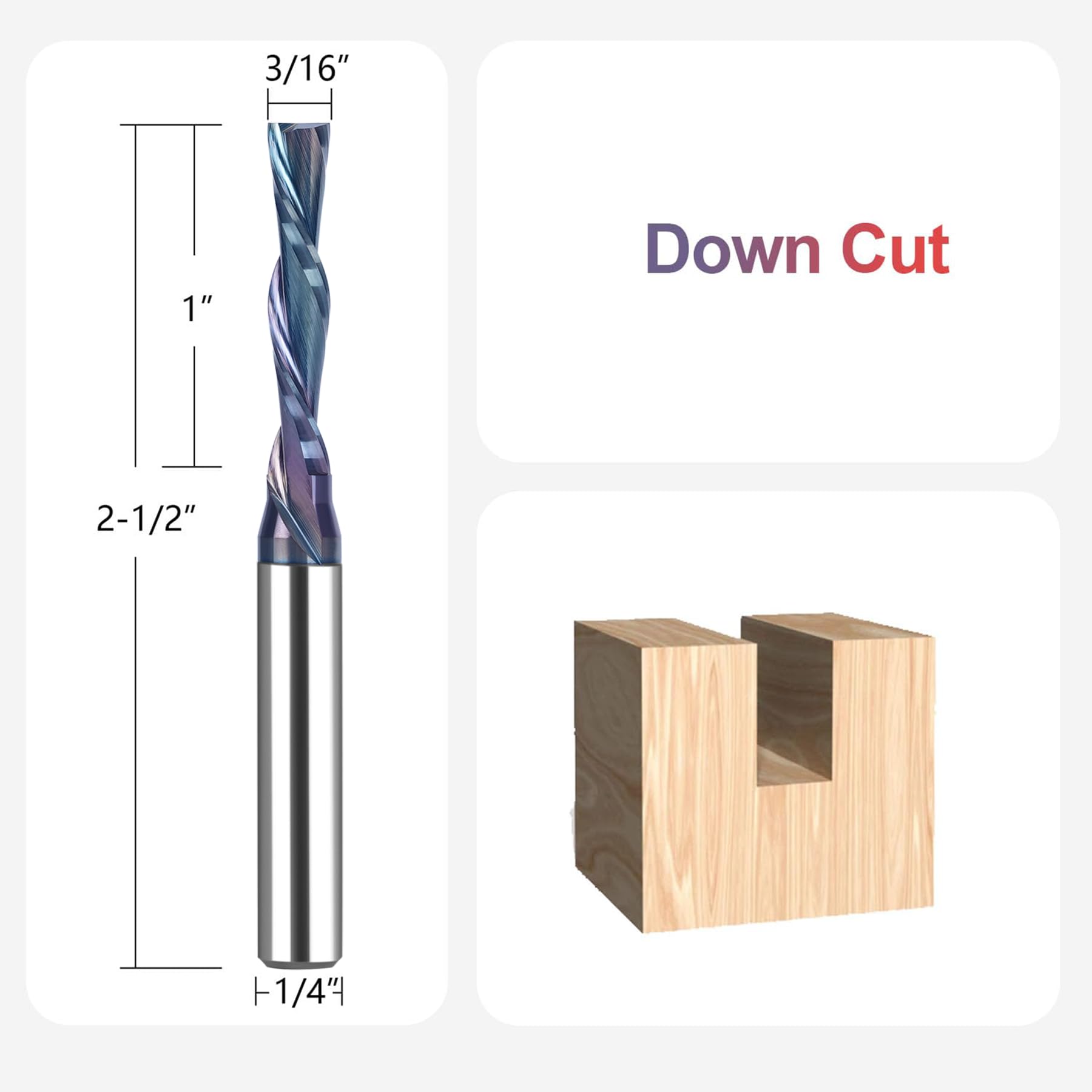 SpeTool W04035 SPE-X Extra Tool Life Coated SC Spiral Plunge 3/16" Dia x 1/4" Shank x 1" Cutting Length x 2-1/2" Long 2 Flute Down-Cut Router Bit