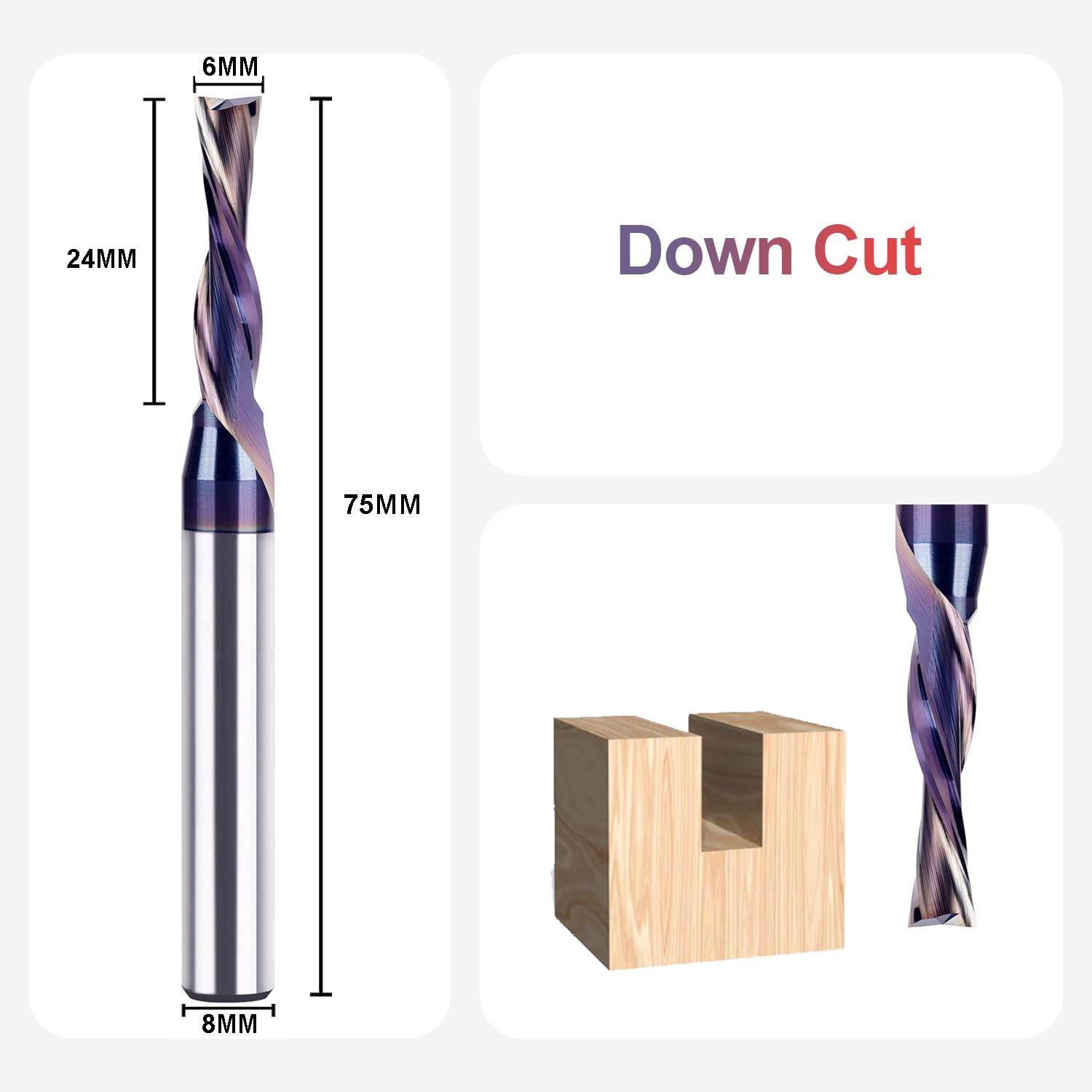 SpeTool EU W04505 SPE-X Coated DOWN CUT 2 FL 6MM DIA x 24MM CL x 8MM SHANK x 75MM OVL ROUTER BIT