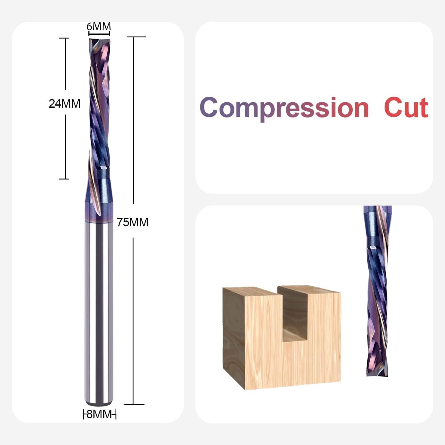 SpeTool EU W02504 SPE-X Coated COMPRESSION 2 FL 6MM DIA x 24MM CL x 8MM SHANK x 75MM OVL ROUTER BIT