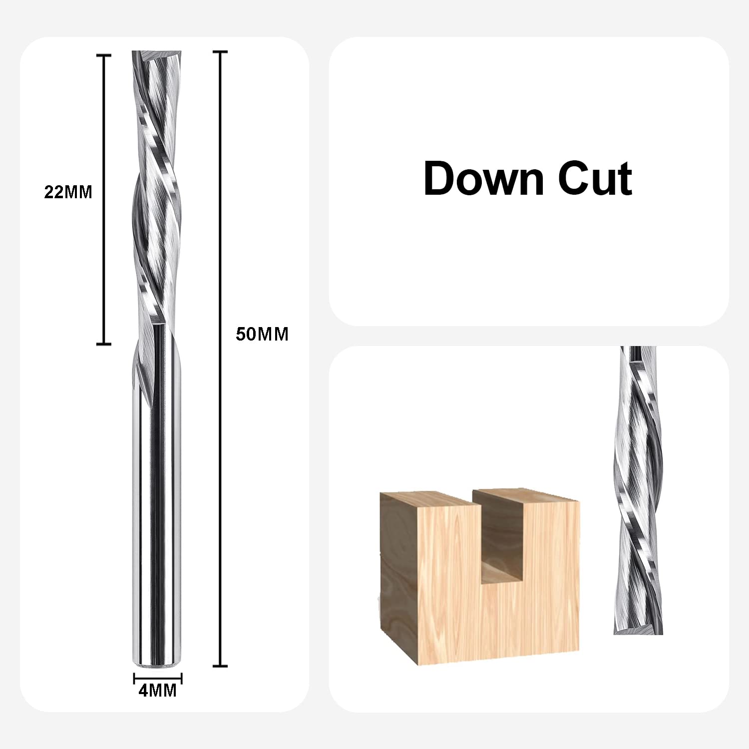 SpeTool EU W04503 Spiral Plunge 4mm Dia x 4mm Shank x 22mm Cutting Length x 50mm Long 2 Flute Down-Cut Router Bit