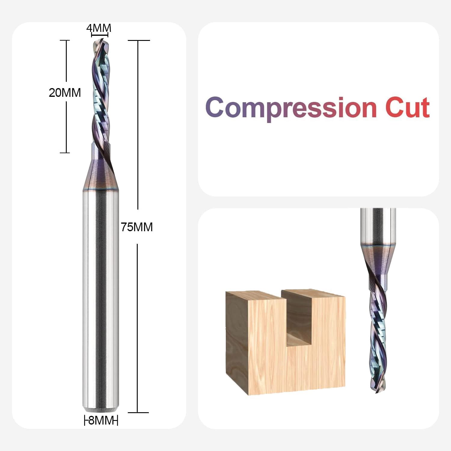 SpeTool EU W02501 SPE-X Coated COMPRESSION 2 FL 4MM DIA x 20MM CL x 8MM SHANK x 75MM OVL ROUTER BIT