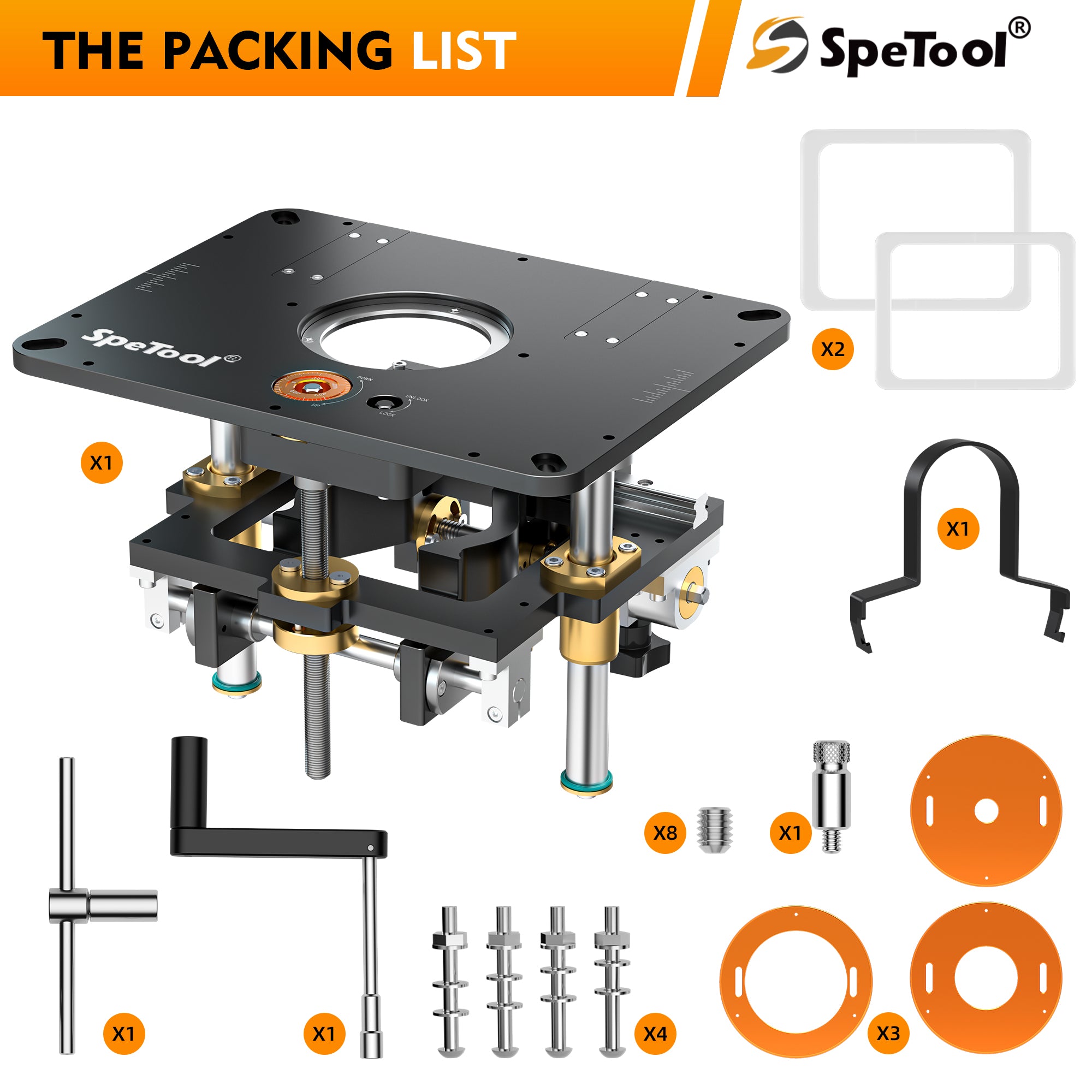 SpeTool EU P01002 Router Lift for 65–107 mm (2.56”–4.21”) Routers | Precision All-Aluminum Router Lift System / DIY Template & 3 Magnetic Insert Rings | 235 × 298 mm (9-1/4" × 11-3/4") Router Table Insert Plate