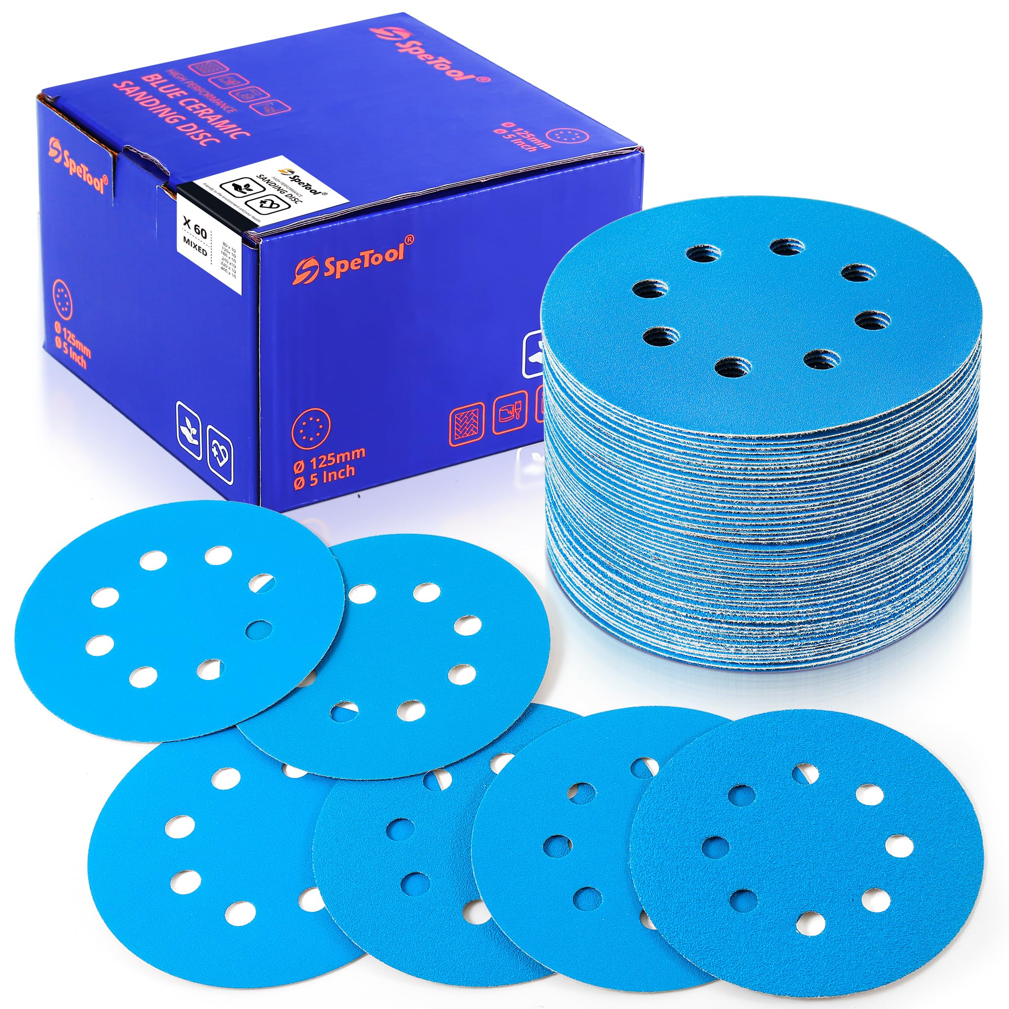 SpeTool 5 Inch Sanding Discs, 60 PCS 8-Hole Hook and Loop Sandpaper, 7 Grit Types (80/120/180/240/320/400/Assorted), Ceramic & Aluminum Oxide for Random Orbital Sander