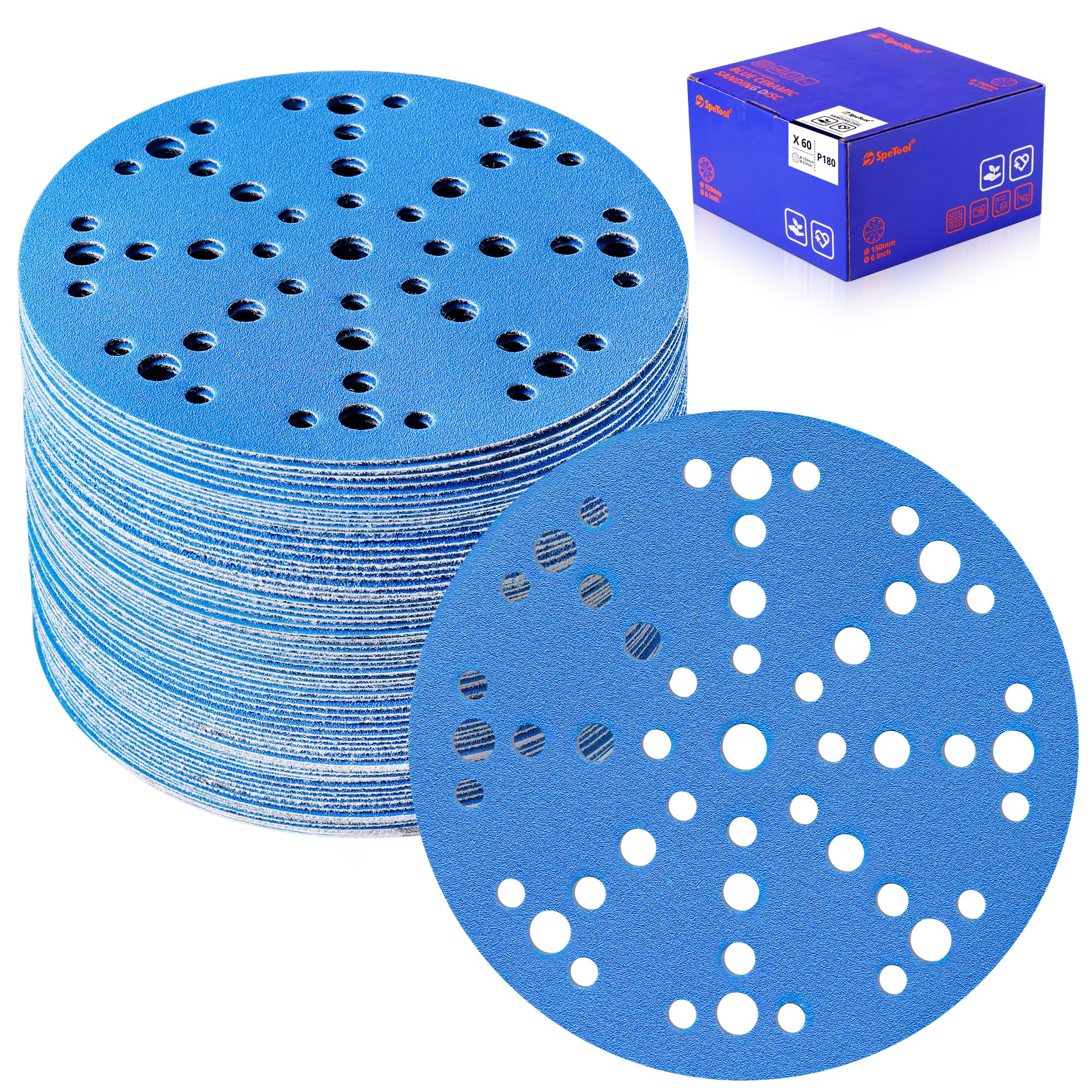 SpeTool UK 6 Inch Sanding Discs with 49 Hole, Hook and Loop Sandpaper 60 Pack Compatible for Random Orbital Sander, Sanding Disc Assortment Grit 80, 120, 180, 240, 320, 400 for Different Sanding Chore