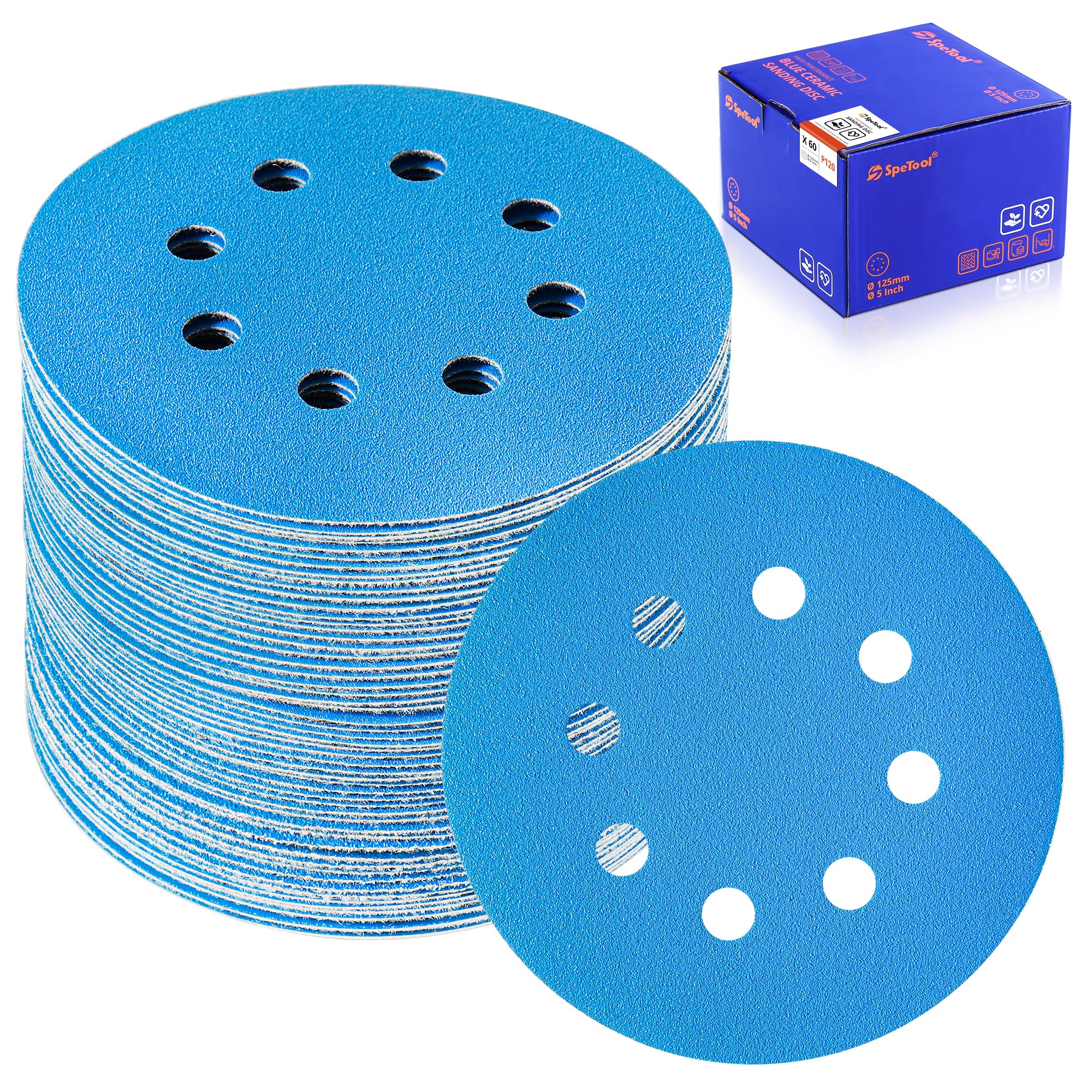 SpeTool 5 Inch Sanding Discs, 60 PCS 8-Hole Hook and Loop Sandpaper, 7 Grit Types (80/120/180/240/320/400/Assorted), Ceramic & Aluminum Oxide for Random Orbital Sander