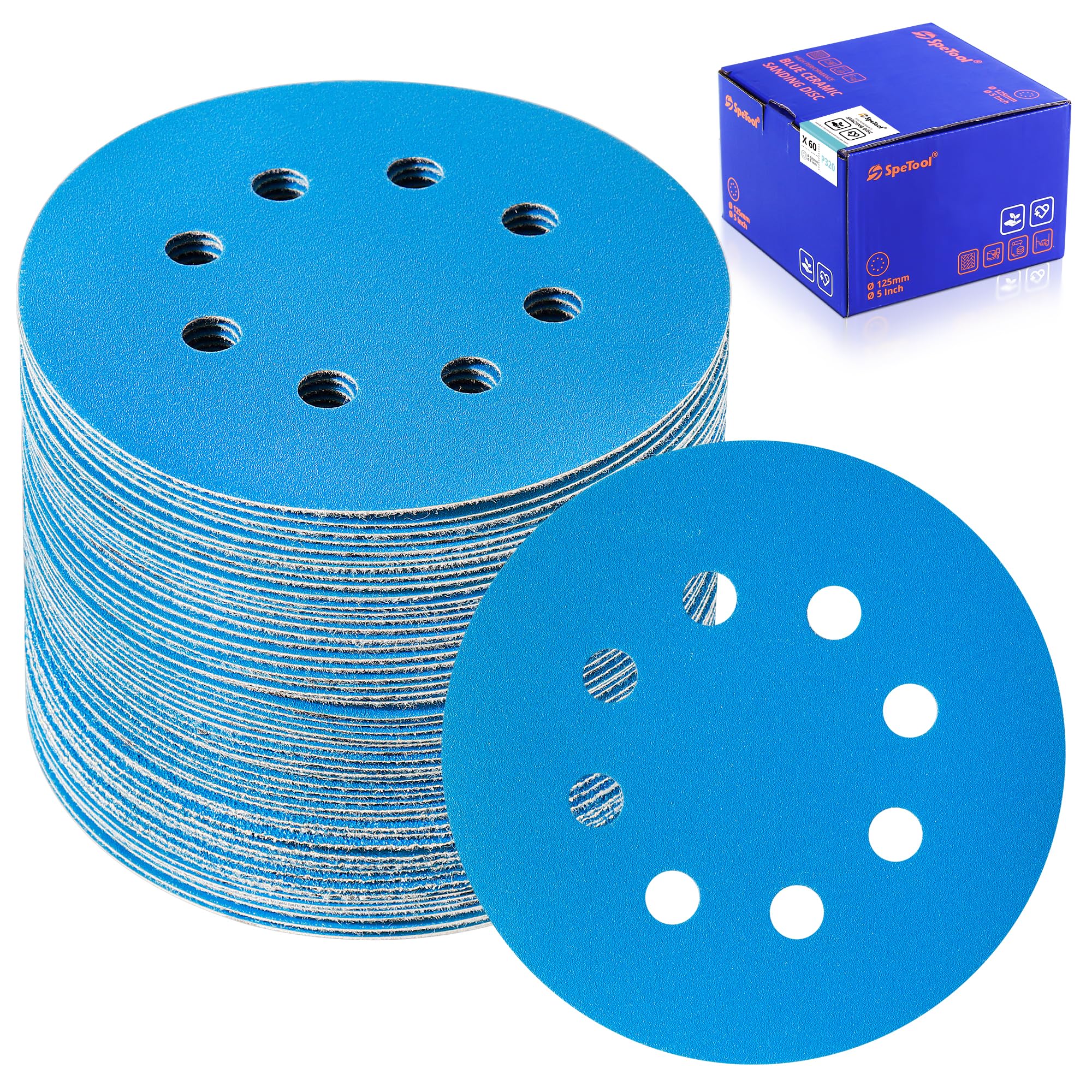 SpeTool 5 Inch Sanding Discs, 60 PCS 8-Hole Hook and Loop Sandpaper, 7 Grit Types (80/120/180/240/320/400/Assorted), Ceramic & Aluminum Oxide for Random Orbital Sander