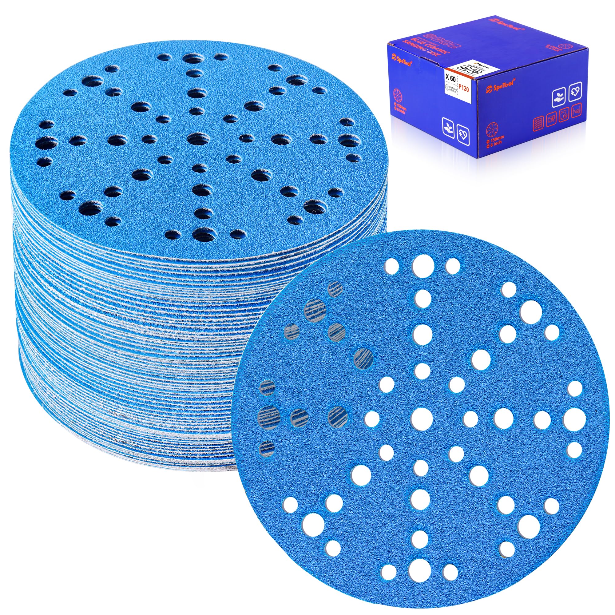 SpeTool UK 6 Inch Sanding Discs with 49 Hole, Hook and Loop Sandpaper 60 Pack Compatible for Random Orbital Sander, Sanding Disc Assortment Grit 80, 120, 180, 240, 320, 400 for Different Sanding Chore