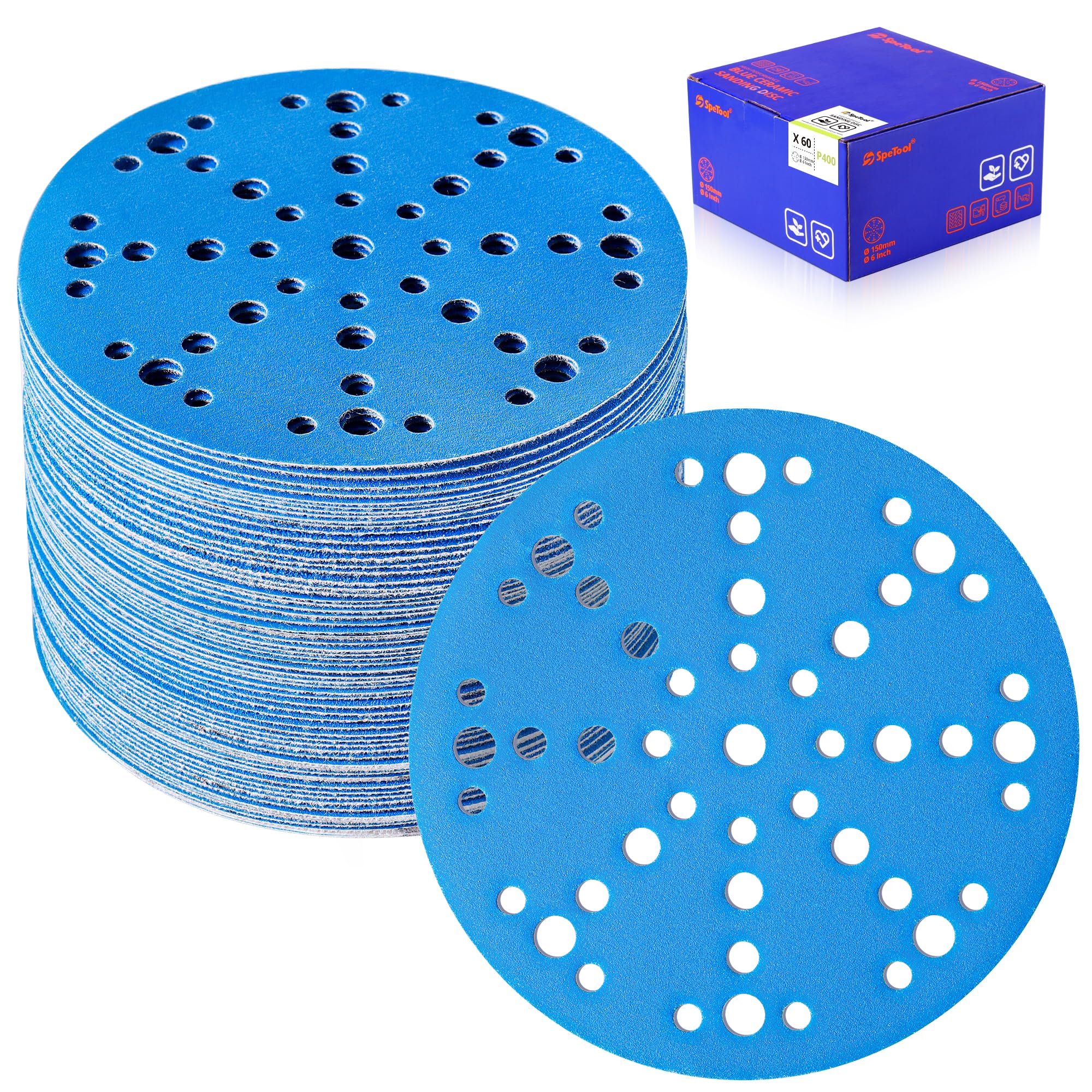 SpeTool UK 6 Inch Sanding Discs with 49 Hole, Hook and Loop Sandpaper 60 Pack Compatible for Random Orbital Sander, Sanding Disc Assortment Grit 80, 120, 180, 240, 320, 400 for Different Sanding Chore