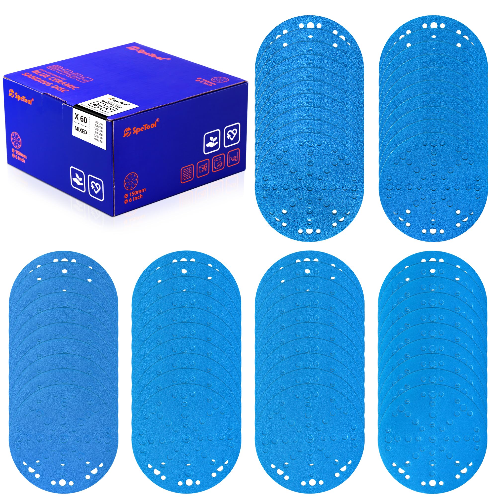 SpeTool UK 6 Inch Sanding Discs with 49 Hole, Hook and Loop Sandpaper 60 Pack Compatible for Random Orbital Sander, Sanding Disc Assortment Grit 80, 120, 180, 240, 320, 400 for Different Sanding Chore
