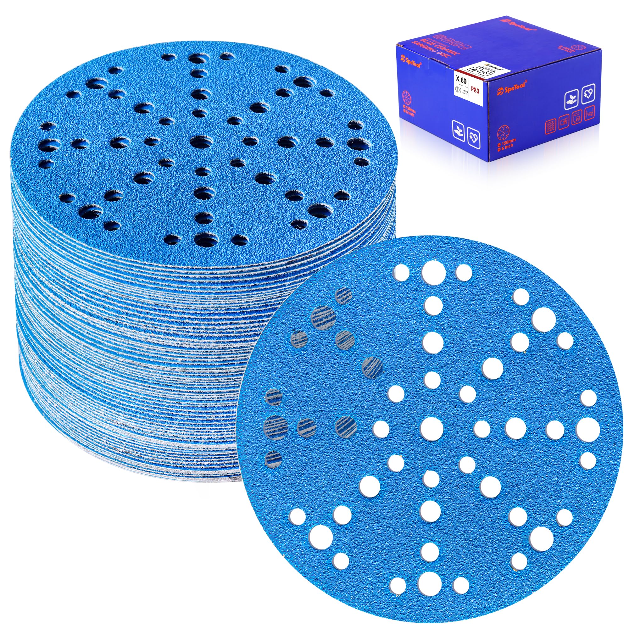 SpeTool UK 6 Inch Sanding Discs with 49 Hole, Hook and Loop Sandpaper 60 Pack Compatible for Random Orbital Sander, Sanding Disc Assortment Grit 80, 120, 180, 240, 320, 400 for Different Sanding Chore