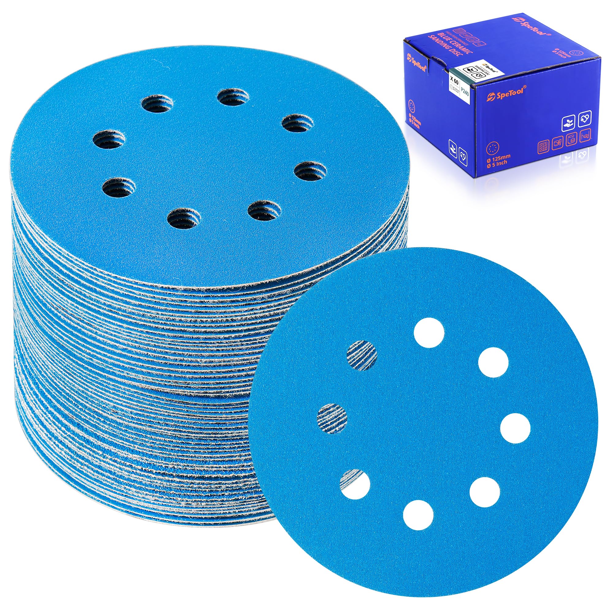 SpeTool 5 Inch Sanding Discs, 60 PCS 8-Hole Hook and Loop Sandpaper, 7 Grit Types (80/120/180/240/320/400/Assorted), Ceramic & Aluminum Oxide for Random Orbital Sander