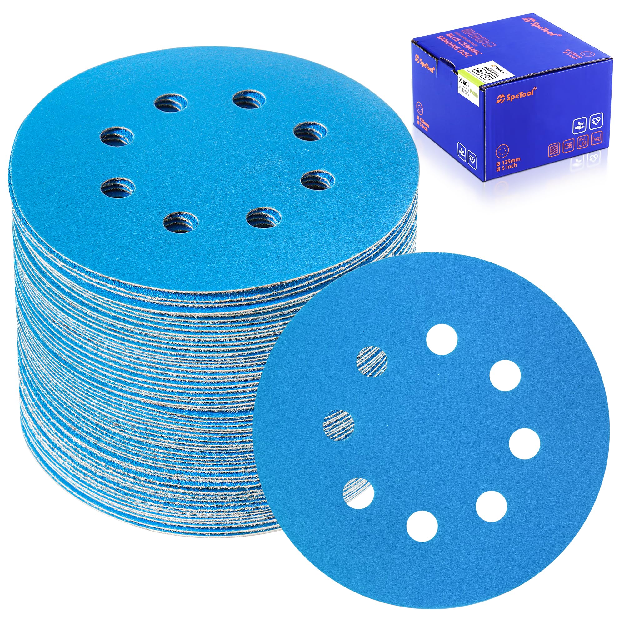 SpeTool 5 Inch Sanding Discs, 60 PCS 8-Hole Hook and Loop Sandpaper, 7 Grit Types (80/120/180/240/320/400/Assorted), Ceramic & Aluminum Oxide for Random Orbital Sander