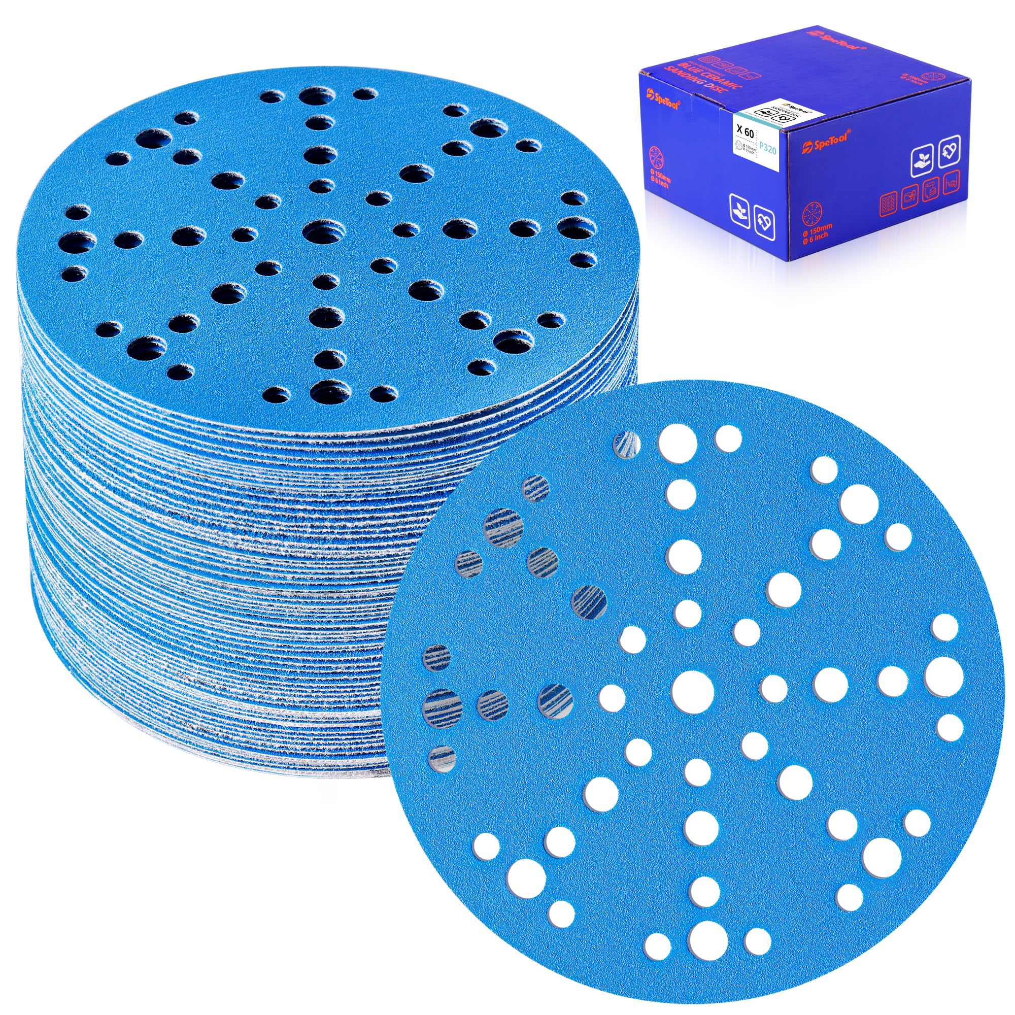 SpeTool UK 6 Inch Sanding Discs with 49 Hole, Hook and Loop Sandpaper 60 Pack Compatible for Random Orbital Sander, Sanding Disc Assortment Grit 80, 120, 180, 240, 320, 400 for Different Sanding Chore