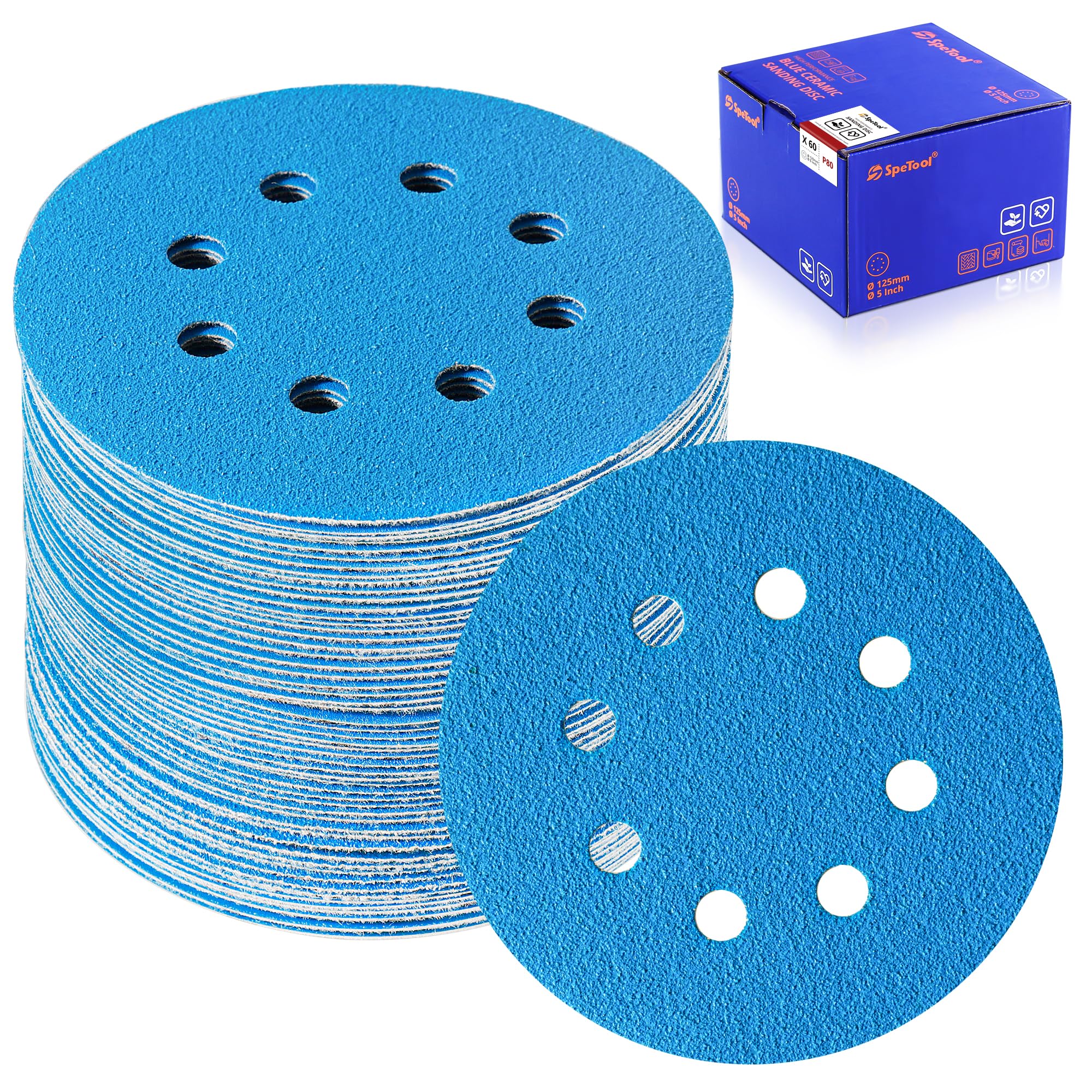 SpeTool UK  5 Inch Sanding Discs, 60 PCS 8-Hole Hook and Loop Sandpaper, 7 Grit Types (80/120/180/240/320/400/Assorted), Ceramic & Aluminum Oxide for Random Orbital Sander