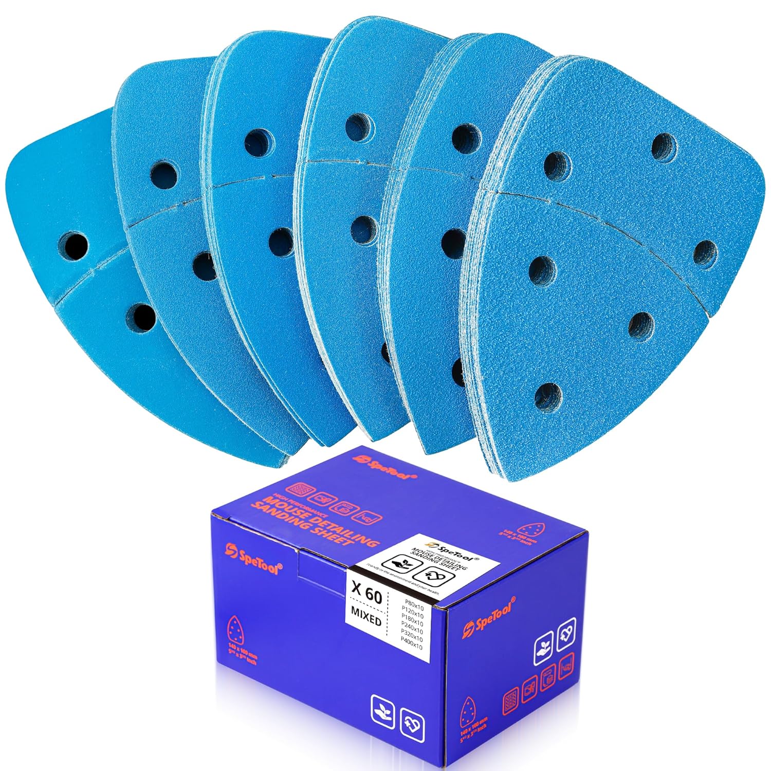 SpeTool UK Mouse Sander Sandpaper for Ryobi Detail Sander, 60PCS 80 120 180 240 320 400 Grit Sandpaper Assortment - 6 Hole Hook and Loop Palm Sander Sanding Pads