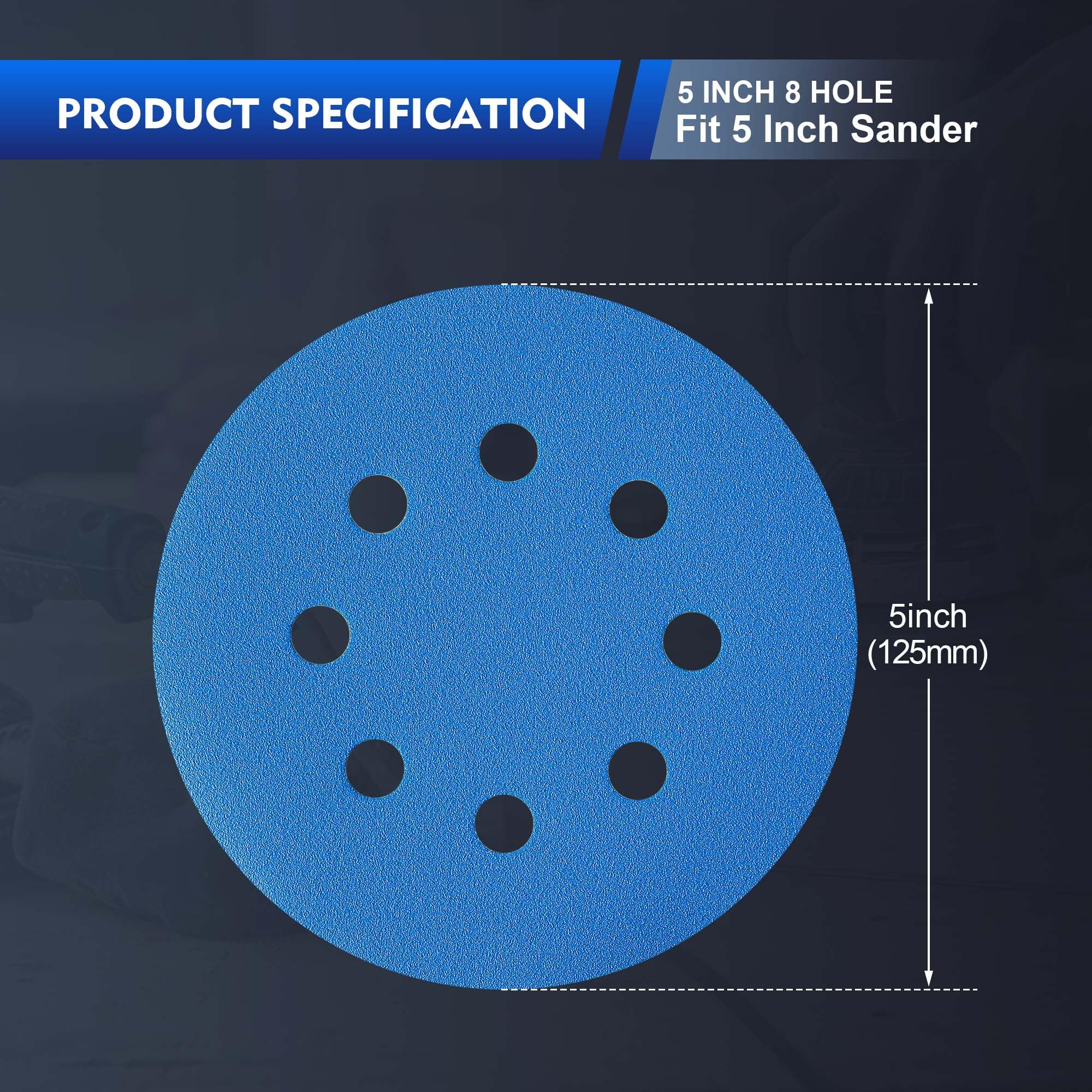 SpeTool UK  5 Inch Sanding Discs, 60 PCS 8-Hole Hook and Loop Sandpaper, 7 Grit Types (80/120/180/240/320/400/Assorted), Ceramic & Aluminum Oxide for Random Orbital Sander