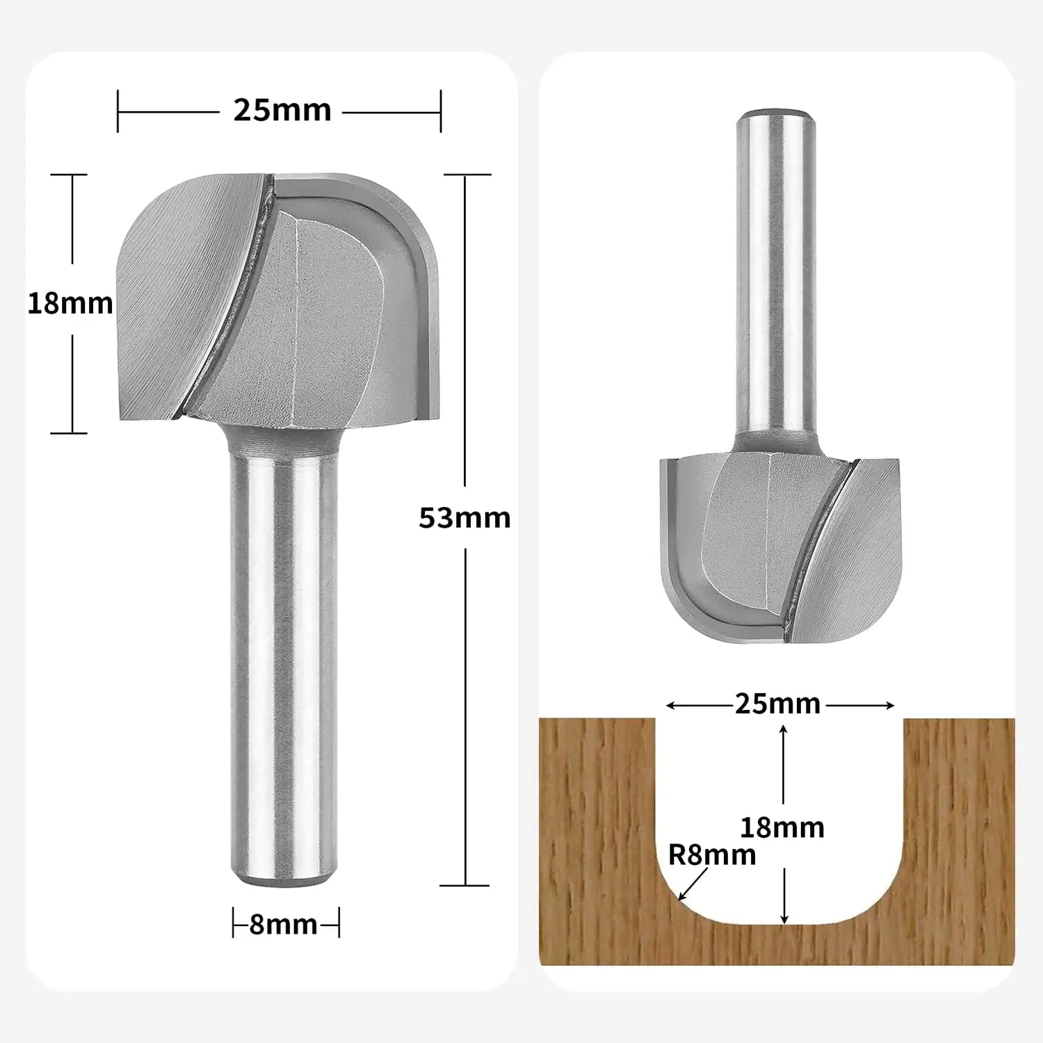 SpeTool EU W08501 Carbide Tipped Bowl & Tray 25mm Dia x 8mm Shank x 18mm Cutting Length x 53mm Long Double Flute Router Bit