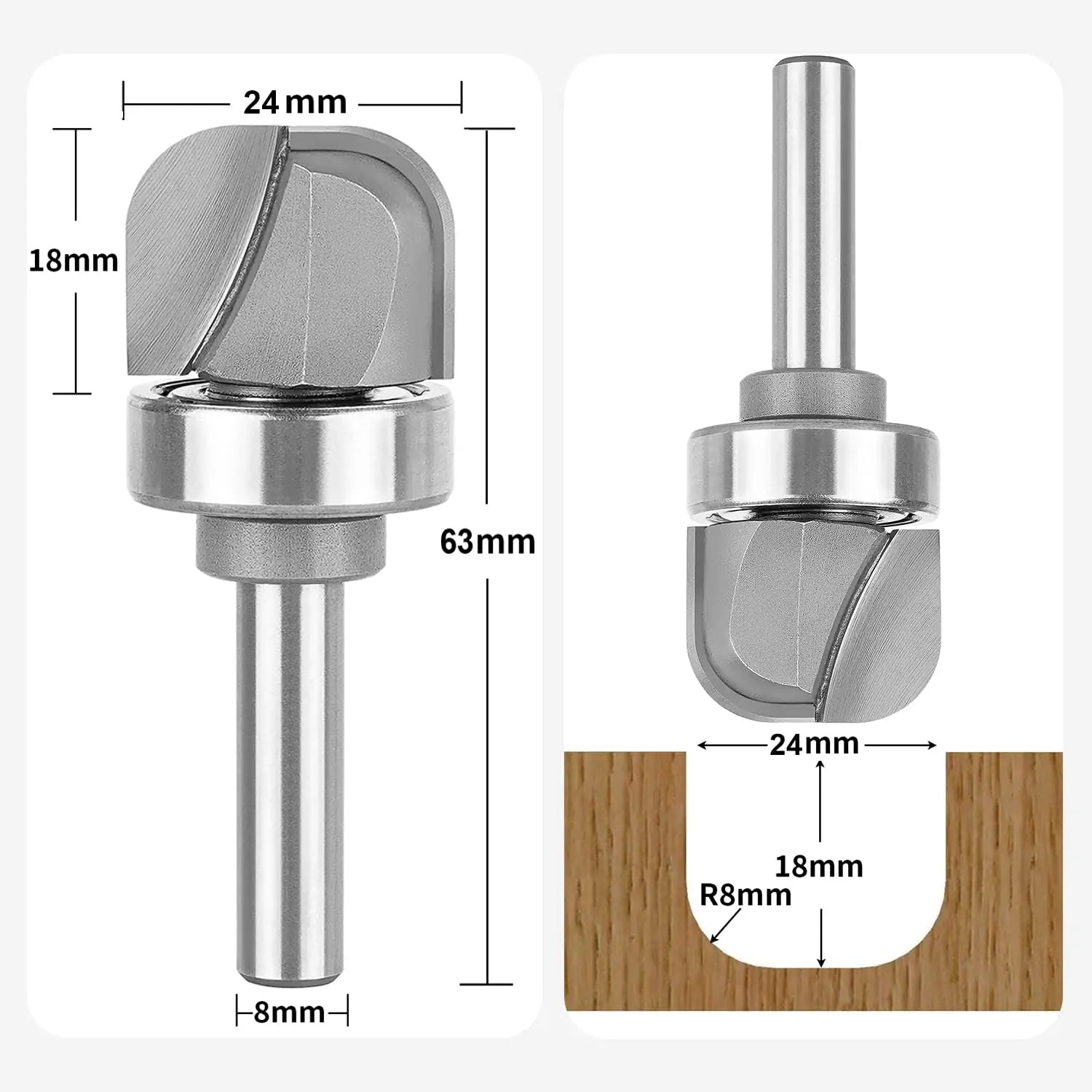 SpeTool EU W08503 Carbide Tipped Bowl & Tray 24mm Dia x 8mm Shank x 18mm Cutting Length x 63 Long Double Flute Upper Bearing Template Router Bit