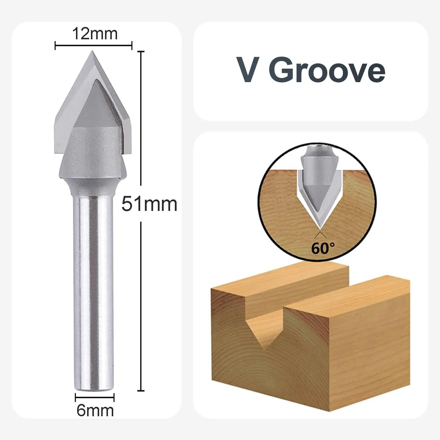 SpeTool EU W06501 Carbide Tipped V Groove 60 Deg 12mm Dia x 6mm Shank x 51mm Long Router Bit