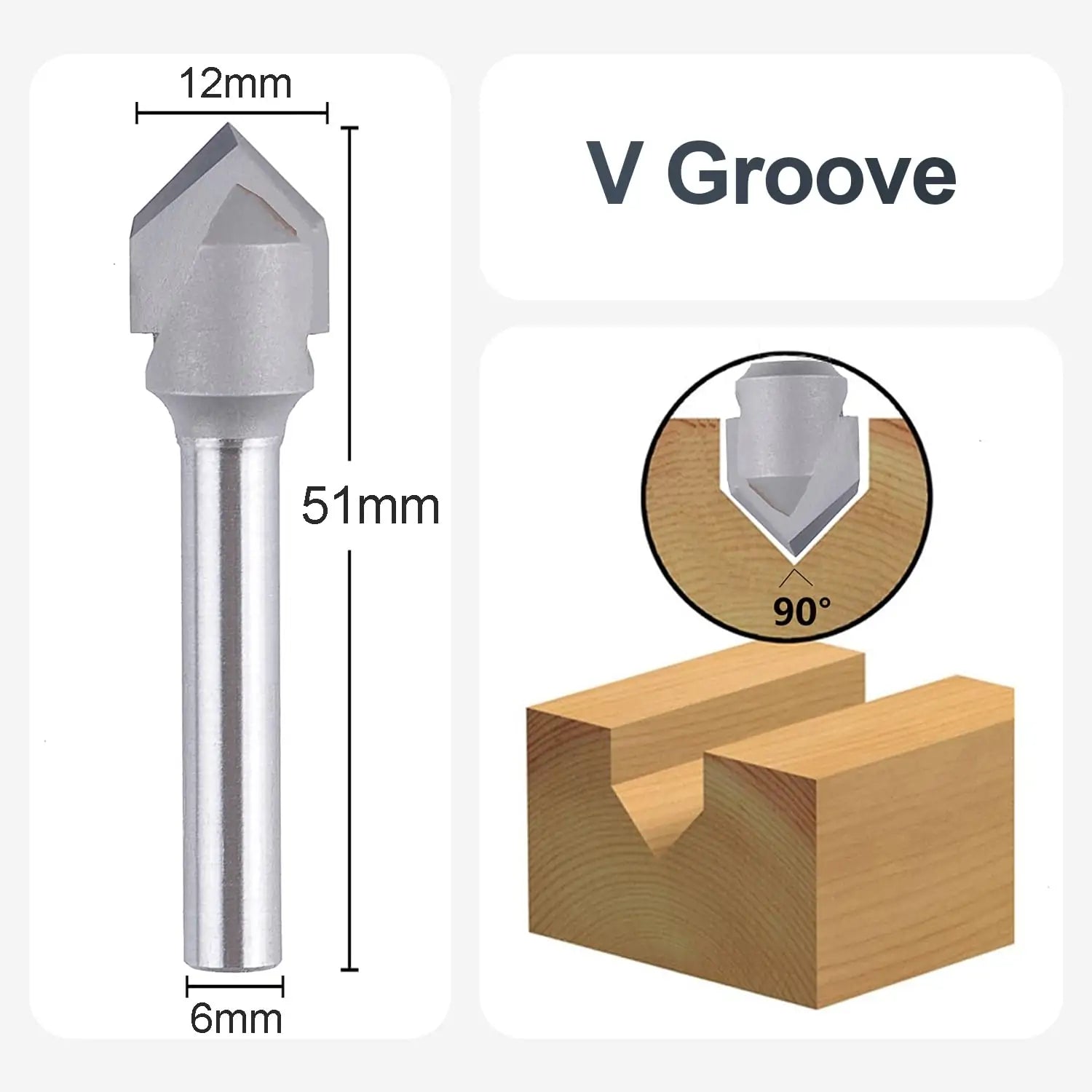 SpeTool EU W06502 Carbide Tipped V Groove 90 Deg 12mm Dia x 6mm Shank x 51mm Long Router Bit