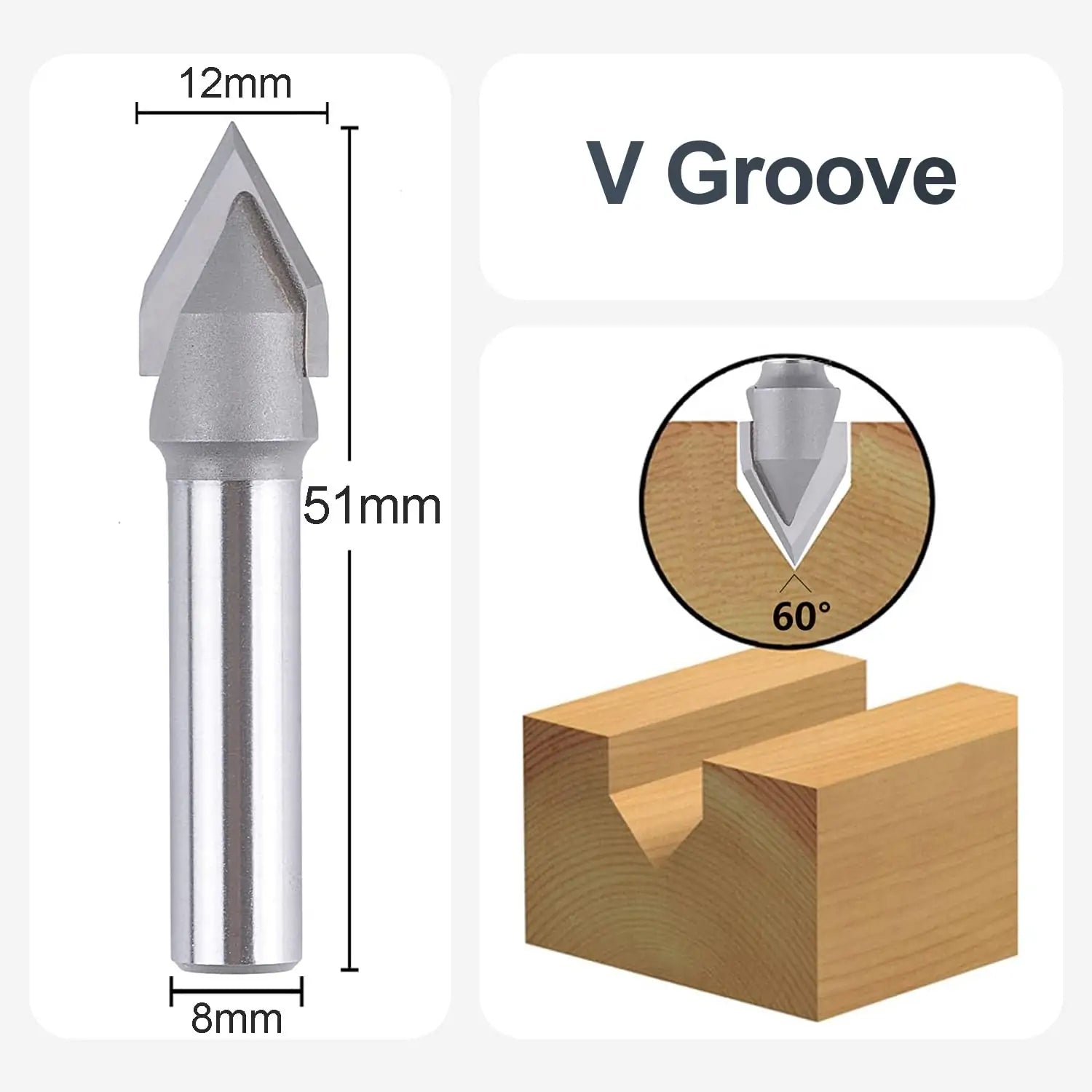 SpeTool EU W06503 Carbide Tipped V Groove 60 Deg 12mm Dia x 8mm Shank x 51mm Long Router Bit