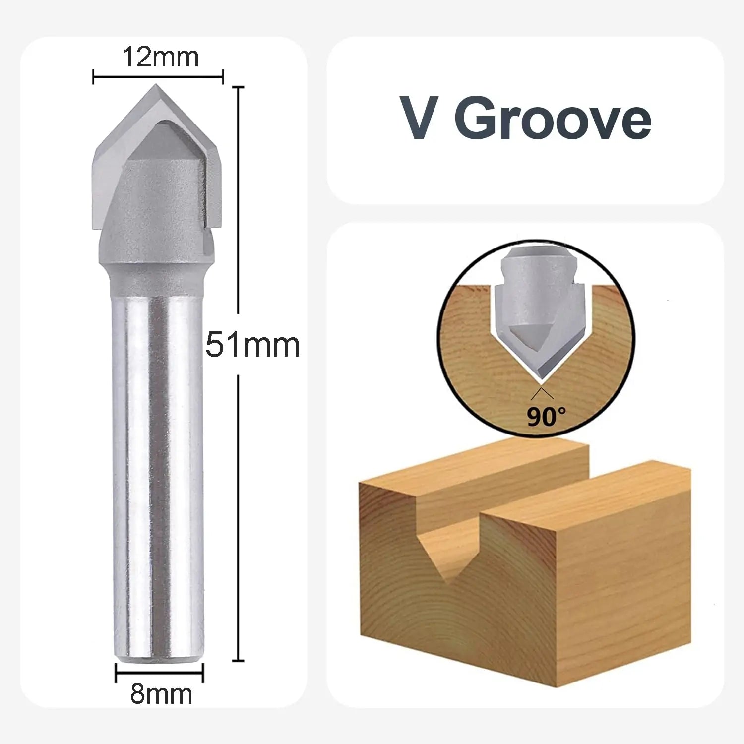 SpeTool EU W06504 Carbide Tipped V Groove 90 Deg 12mm Dia x 8mm Shank x 51mm Long Router Bit