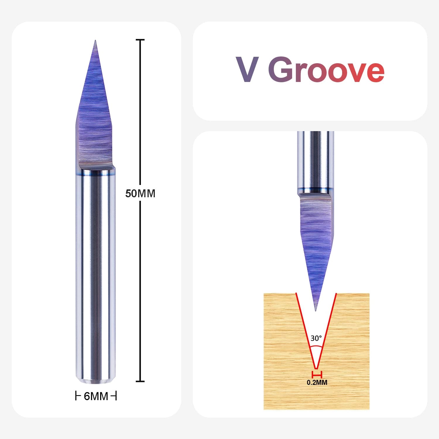 SpeTool EU W06505 SPE-X Extra Tool Life Coated Solid Carbide 30 Degree Engraving 0.2mm Tip Width x 6mm Shank x 50mm Long Signmaking Router Bit