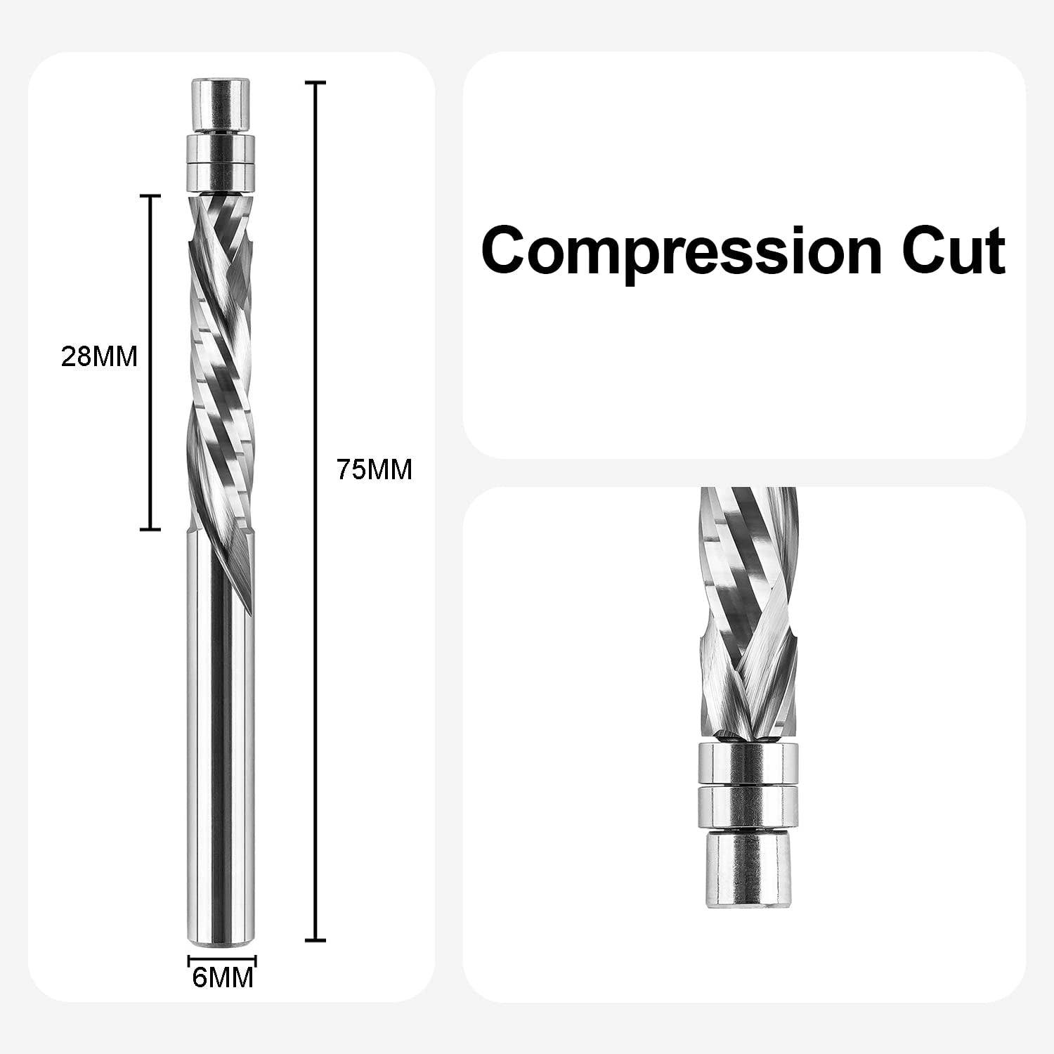 SpeTool EU W07501 Solid Carbide Flush Trim Compression Spiral 6mm Dia x 6mm Shank x 28mm Cutting Length x 75mm Long Router Bit