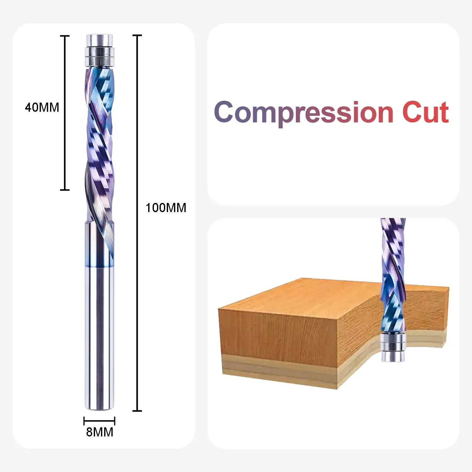 SpeTool EU W07504 SPE-X Coated Solid Carbide Flush Trim Compression Spiral 8mm Dia x 8mm Shank x 40mm Cutting Length x 100mm Long Router Bit