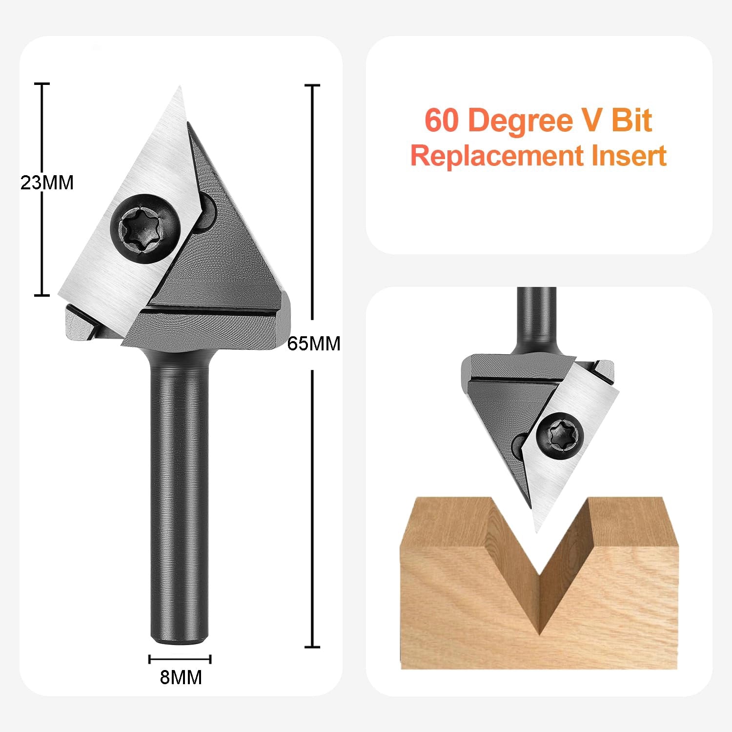 SpeTool EU W06510 Insert Carbide V Groove 60 Deg x 8mm Shank x 65mm Long Single Flute Router Bit
