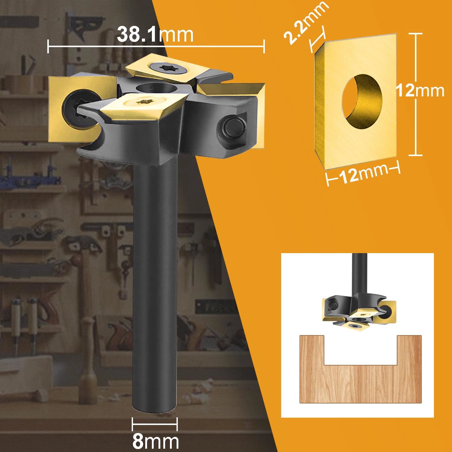 SpeTool EU W05007 ATS COATED CARBIDE INSERT 2+2 FLUTES SPOILBOARD 38.1MM DIA x 8MM SHANK ROUTER BIT