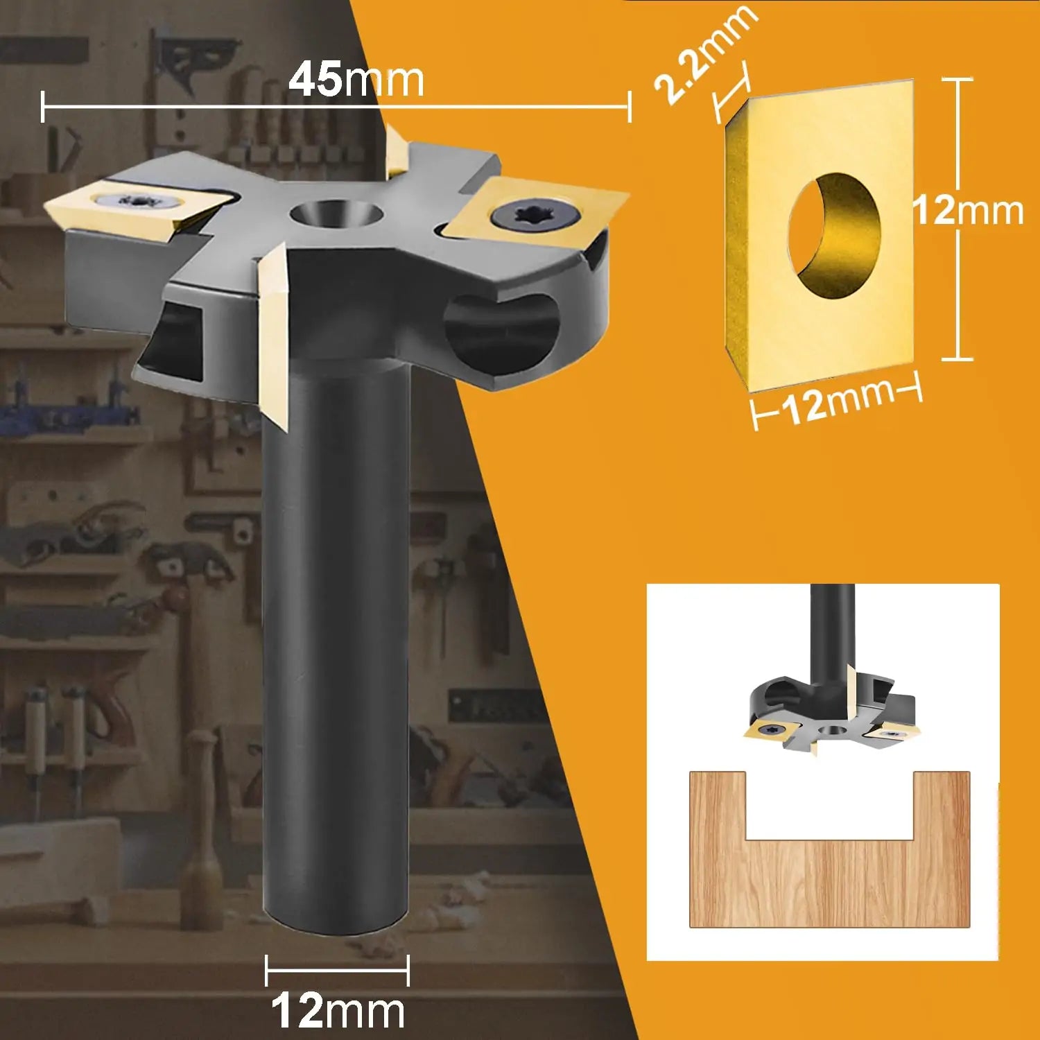 SpeTool EU W05008 ATS COATED CARBIDE INSERT 2+2 FLUTES SPOILBOARD 45MM DIA x 12MM SHANK ROUTER BIT