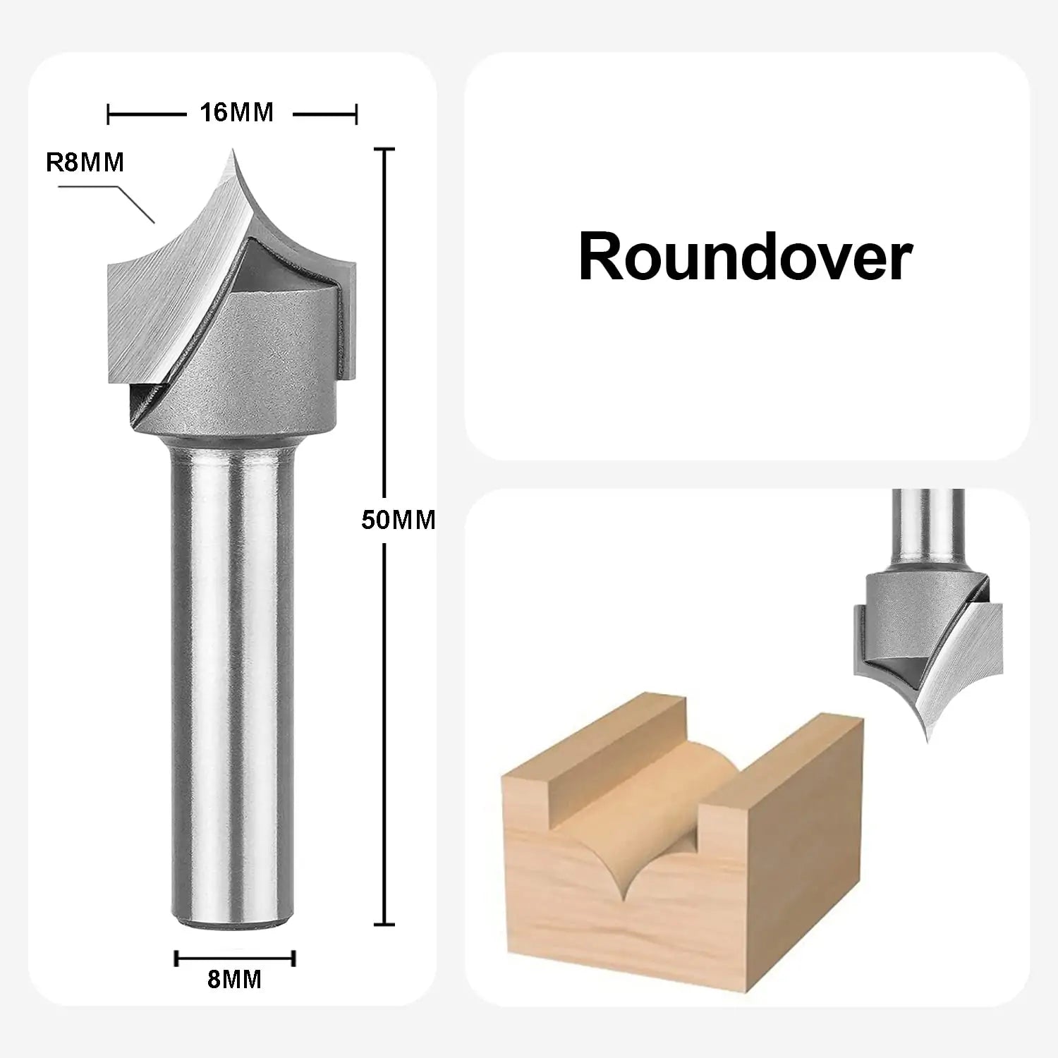 SpeTool EU W09501 Carbide Tipped Round Over 8mm Radius x 16mm Cutting Diameter x 8mm Shank x 50mm Overall Length 2 Flute Router Bit