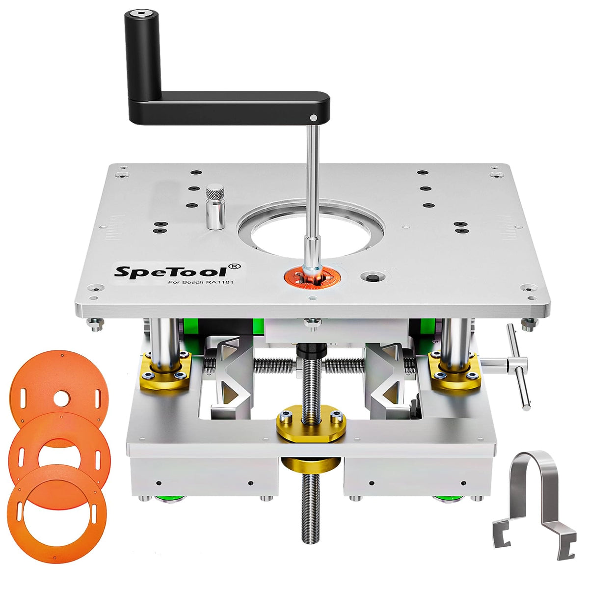 SpeTool P01004 Router Lift Pro Works with Bosch RA1181,Upgraded 0.001" Precision Micro-Adjust, Works with 1.25-3.25HP Routers,360° Mesh Clamping,Included Magnetic Router Table Insert Plate
