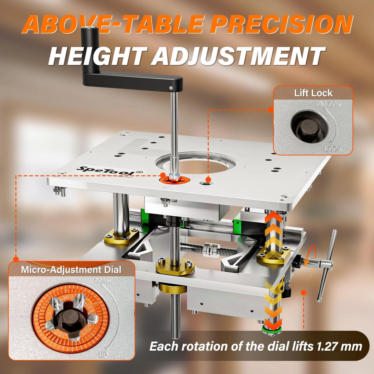 SpeTool P01004 Router Lift Pro Works with Bosch RA1181,Upgraded 0.001" Precision Micro-Adjust, Works with 1.25-3.25HP Routers,360° Mesh Clamping,Included Magnetic Router Table Insert Plate