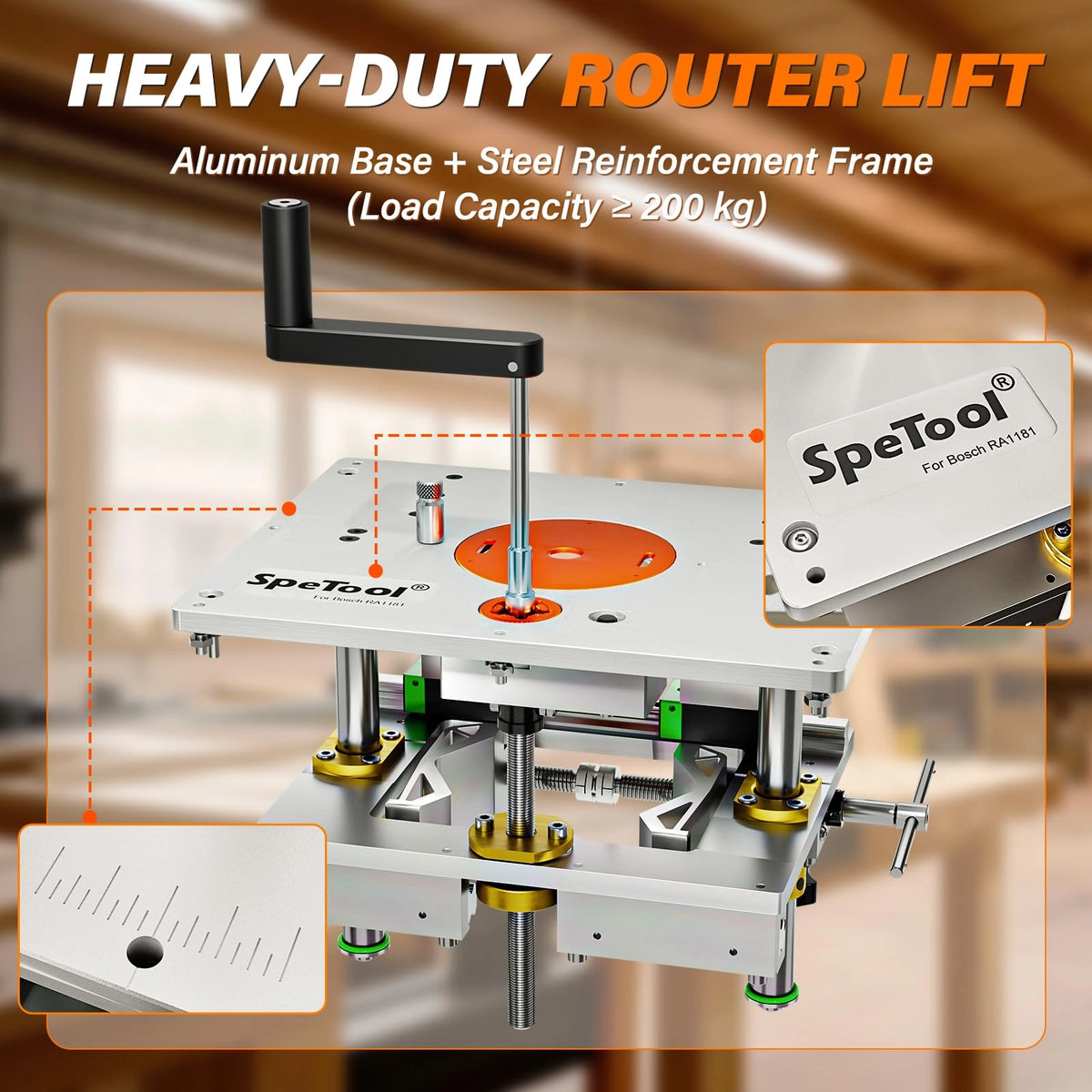 SpeTool P01004 Router Lift Pro Works with Bosch RA1181,Upgraded 0.001" Precision Micro-Adjust, Works with 1.25-3.25HP Routers,360° Mesh Clamping,Included Magnetic Router Table Insert Plate
