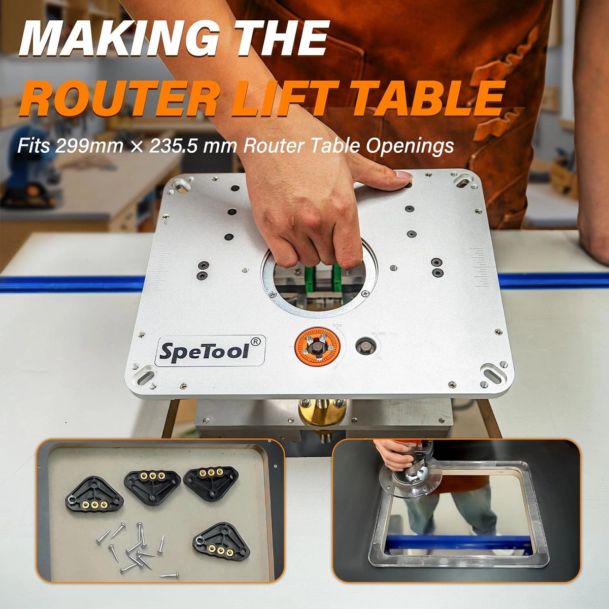 SpeTool P01005 Precision Router Lift Pro,Upgraded 0.001" Precision Micro-Adjust, Works with 1.25-3.25HP Routers,360° Mesh Clamping,Included DIY Kit,Magnetic Router Table Insert Plate for Most Routers