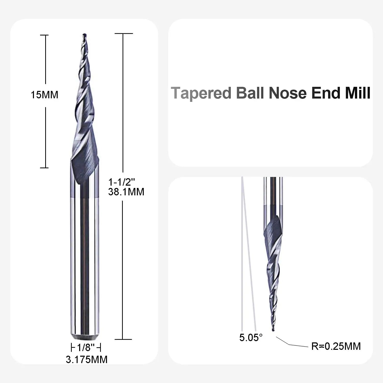 SpeTool UK 0.25MM Radius x 3.175MM SHANK x 15MM CL x 38.1MM OVL Tapered Ball Nose 2D & 3D Carving Router Bit