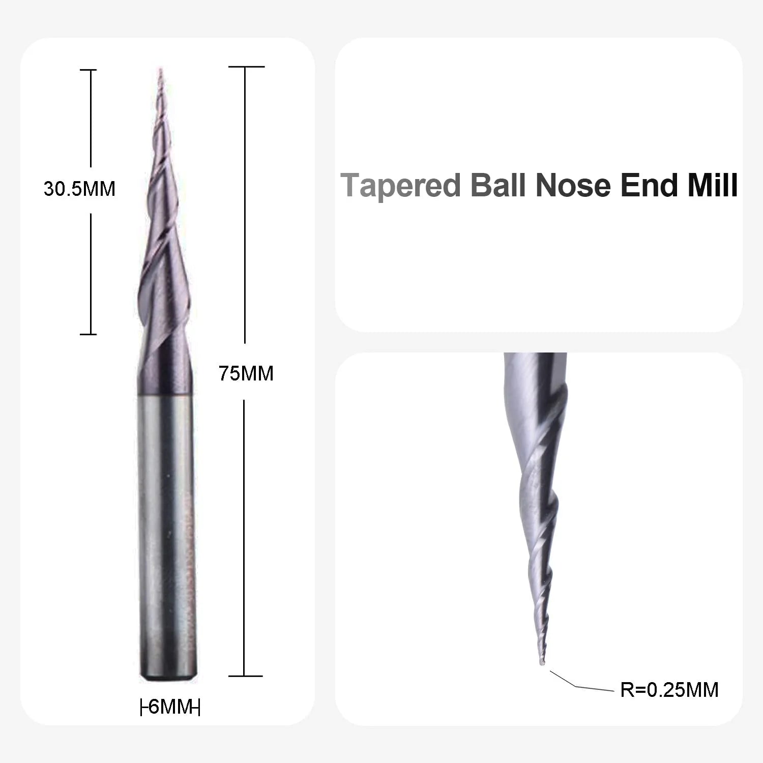 SpeTool UK 0.25MM Radius x 6MM SHANK x 30.5MM CL x 75MM OVL Tapered Ball Nose 2D & 3D Carving Router Bit