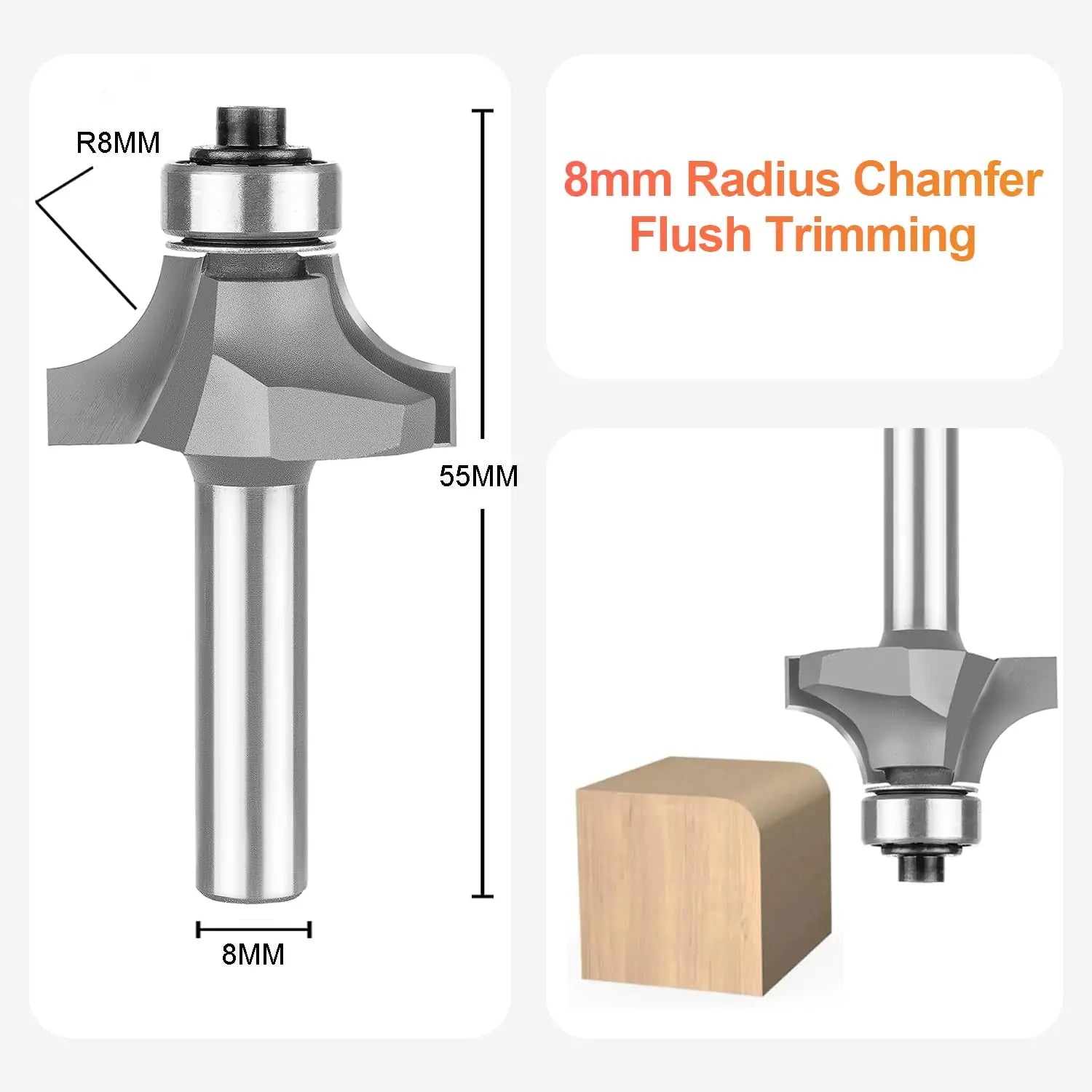 SpeTool EU W07511 Carbide Tipped Corner Rounding 8mm Radius x 8mm SHK x  55mm Overall Length Lower Ball Bearing Router Bit