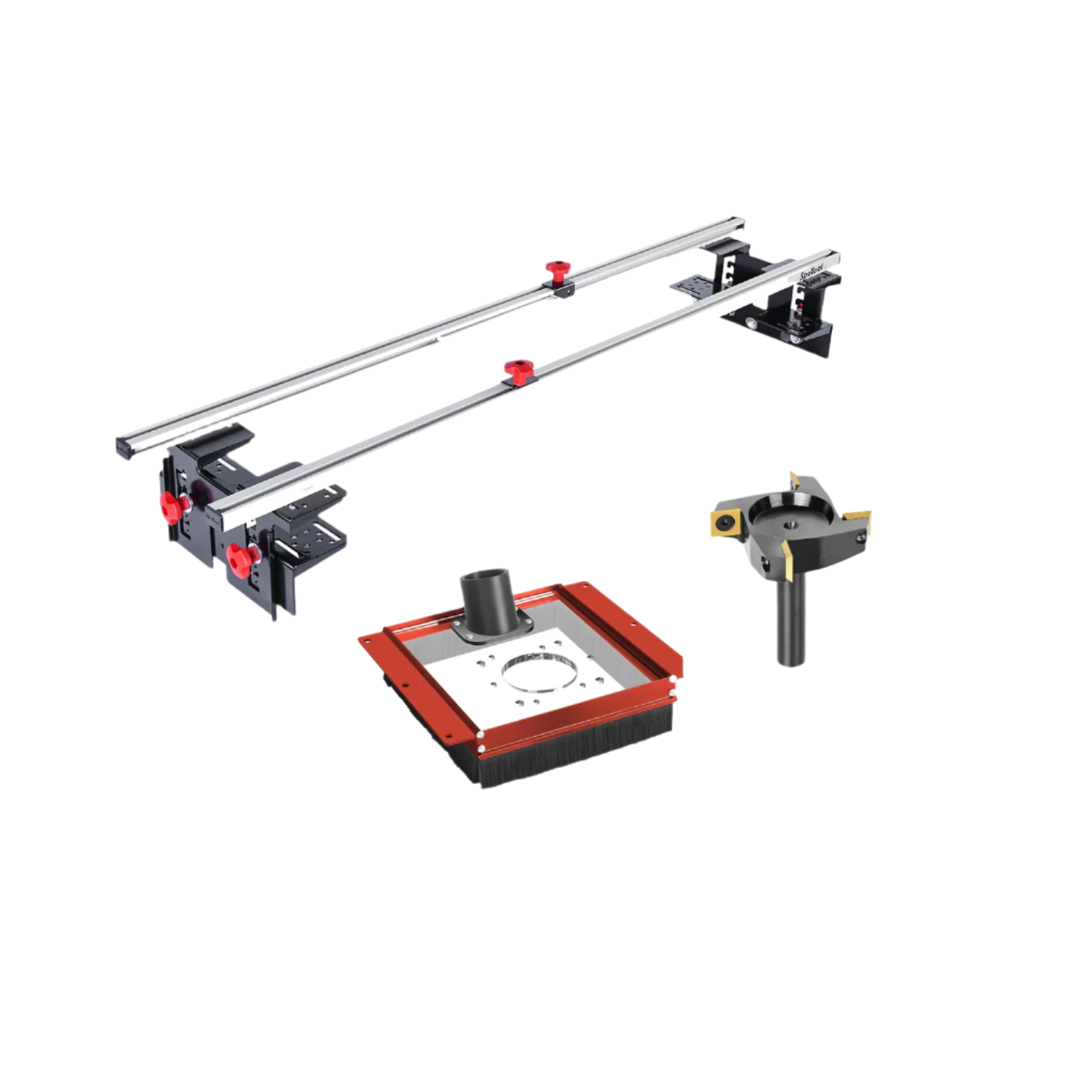 SpeTool S01001 Router Sled & S01002 Dust Collection Shroud & W05003 ATS Coated Surfacing Router Bit Bundle Set
