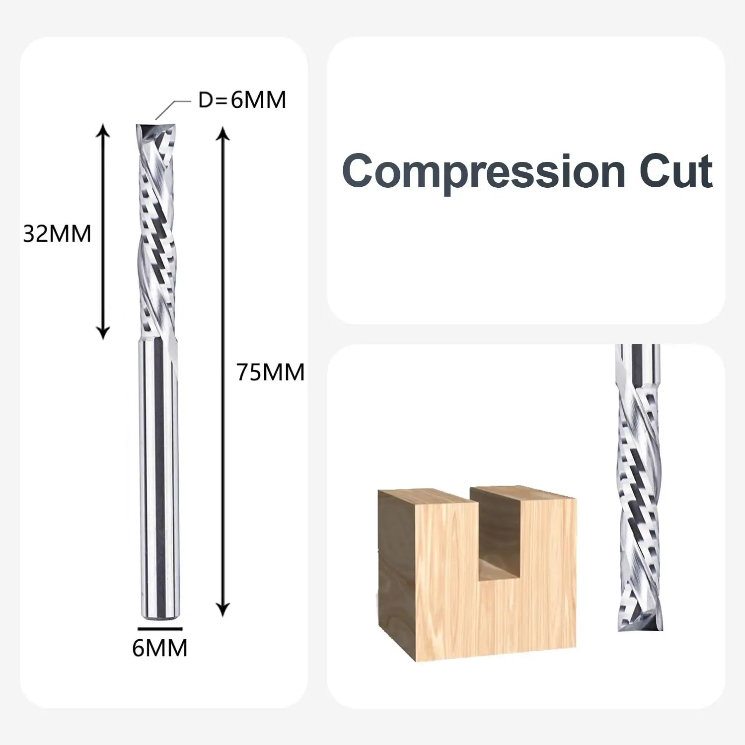 SpeTool UK SC COMPRESSION 2 FL 6MM DIA x 32MM CL x 6MM SHANK x 75MM OVL ROUTER BIT